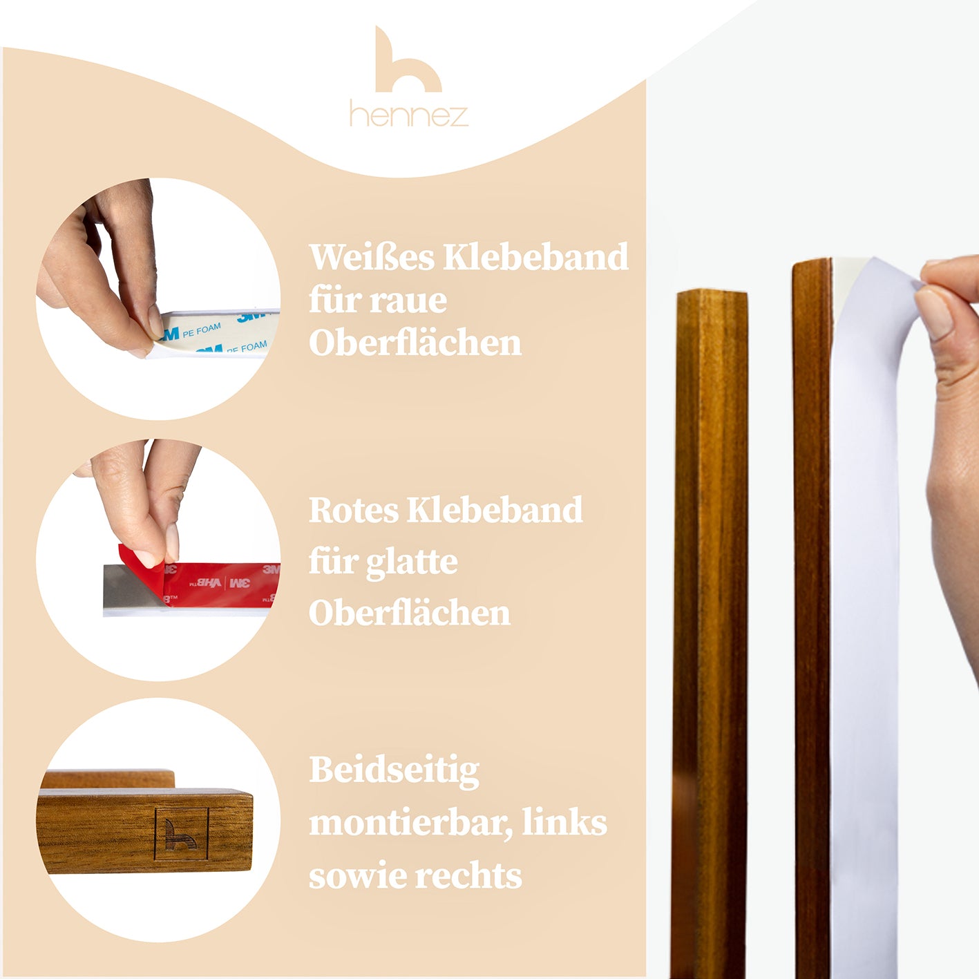 Handtuchstange "Alfred" ohne Bohren aus Akazienholz mit selbstklebender Montage, ideal für raue und glatte Oberflächen.