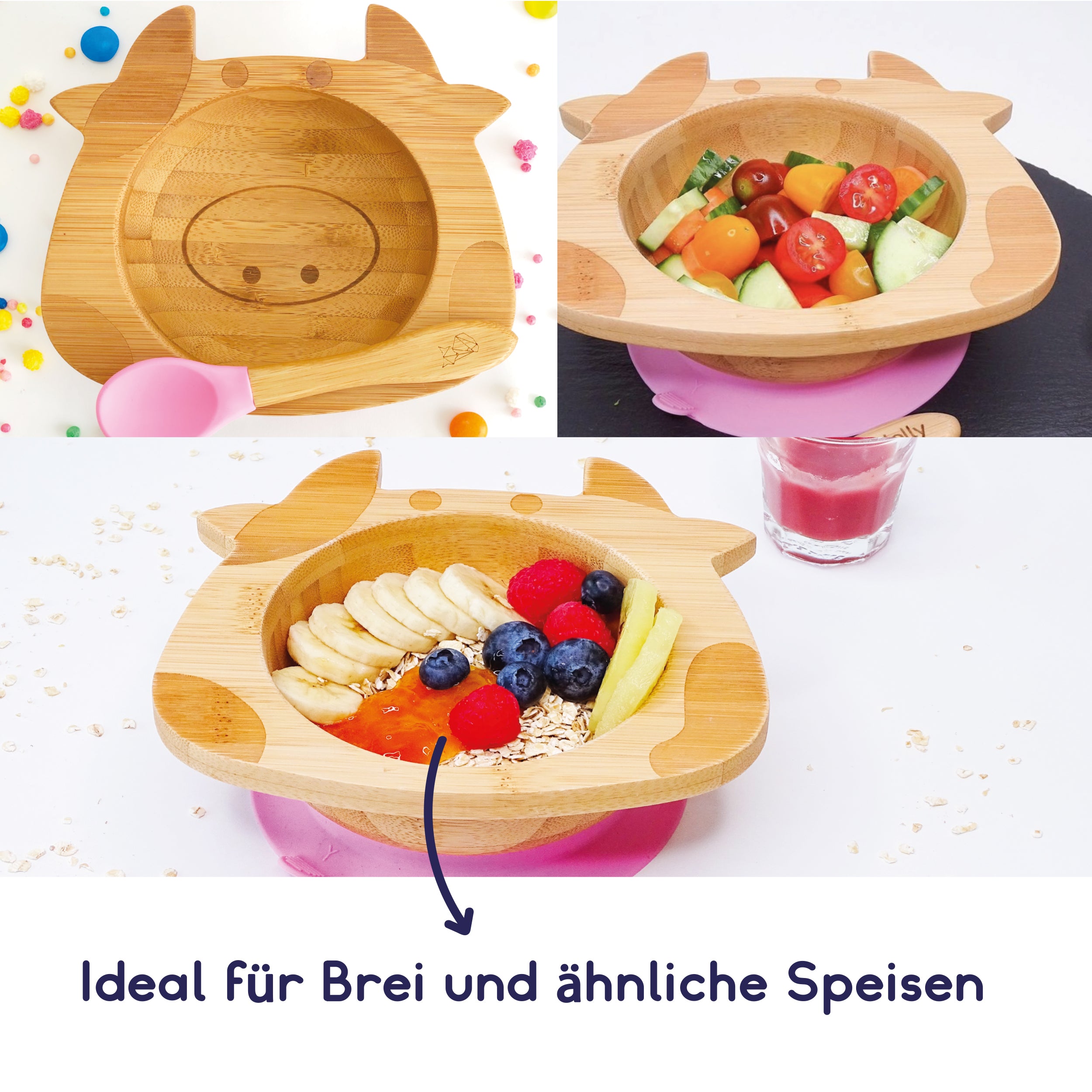Bambus-Schüssel für Kinder inkl. Löffel - mit Kuhmotiv - Rosa