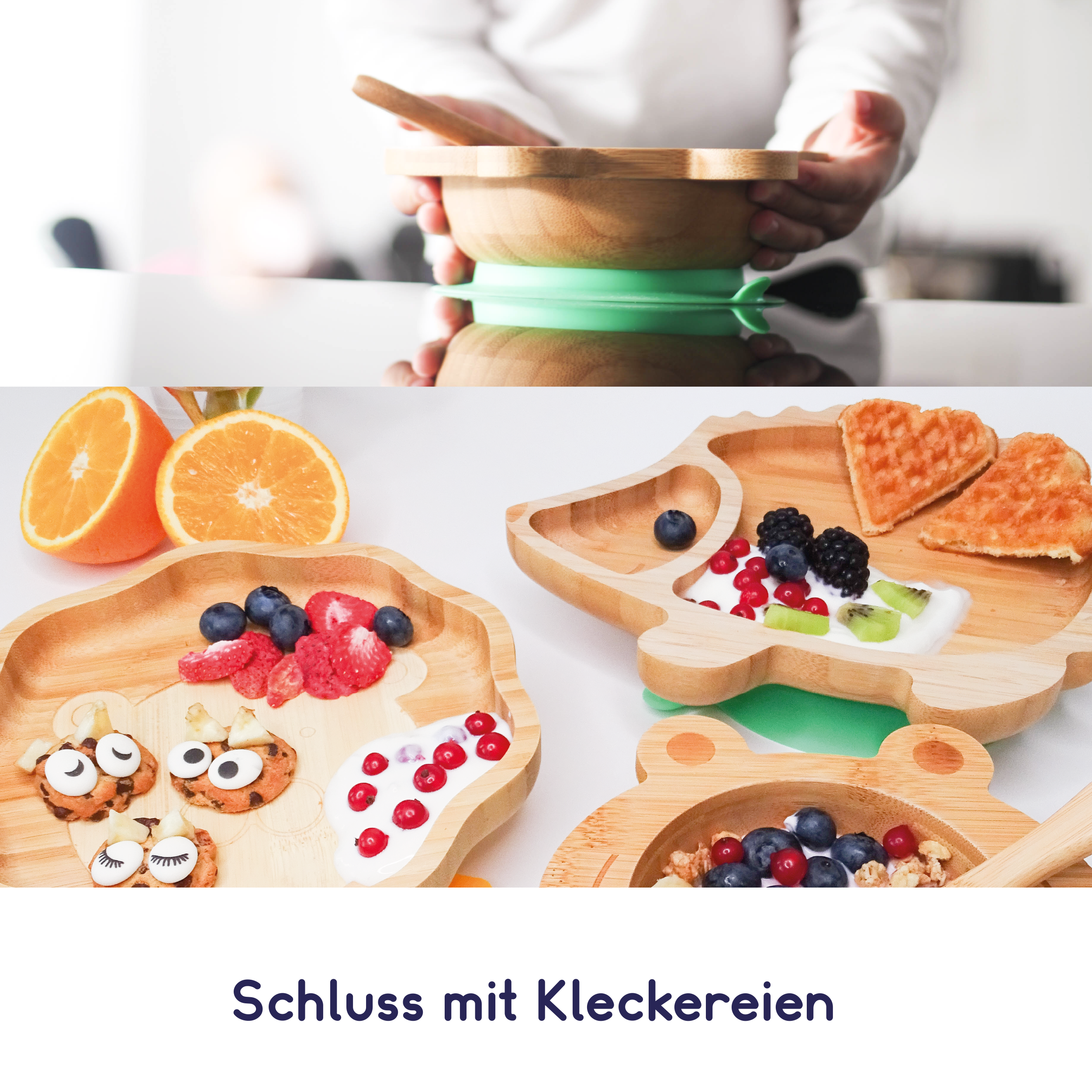Bambus-Schüssel für Kinder inkl. Löffel - mit Froschmotiv - Grün, rutschfest und kindgerecht für abwechslungsreiche Mahlzeiten.