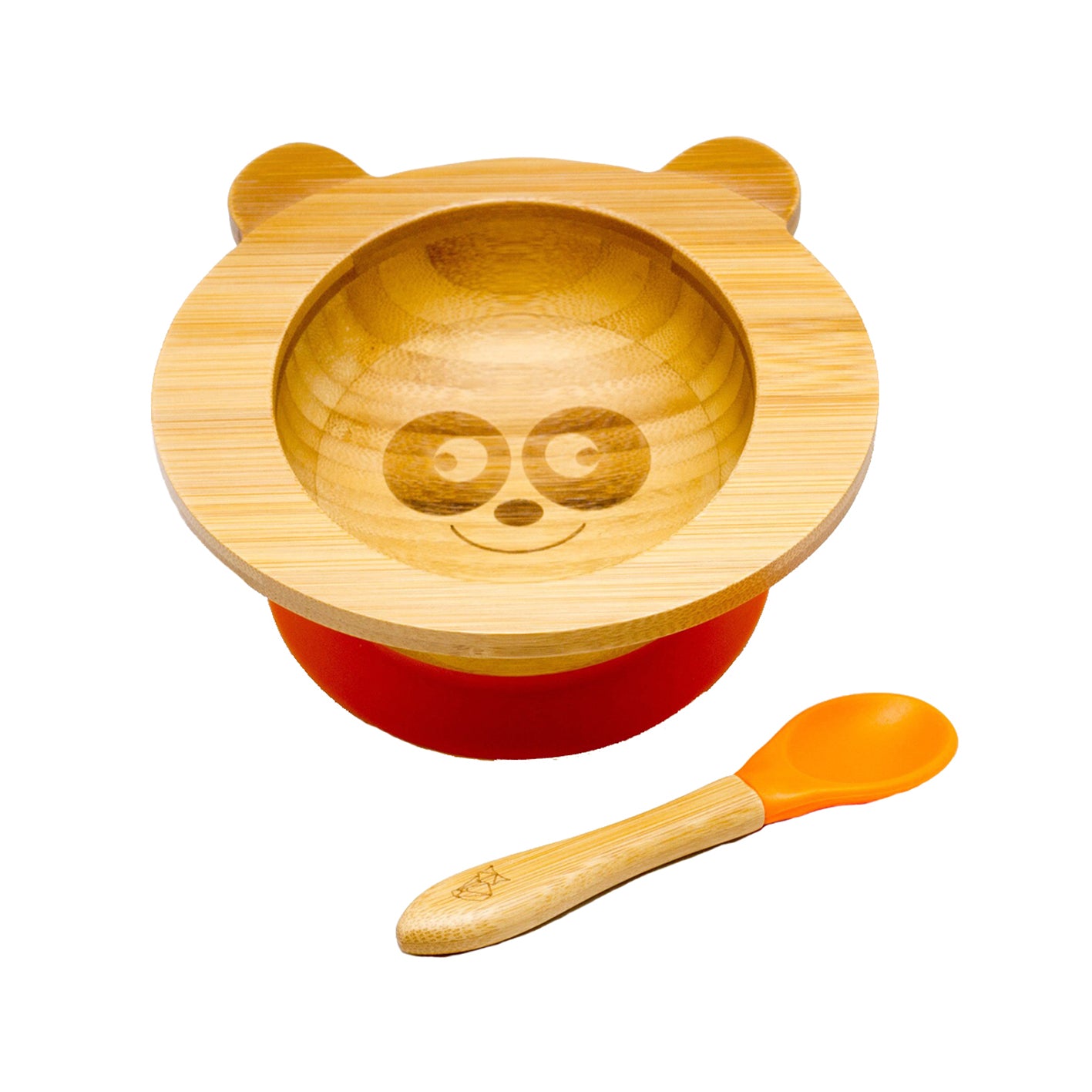 Bambus-Schüssel für Kinder inkl. Löffel - mit Pandamotiv - Orange, kindgerechte Schüssel mit Panda-Gesicht und passendem orangefarbenem Löffel.