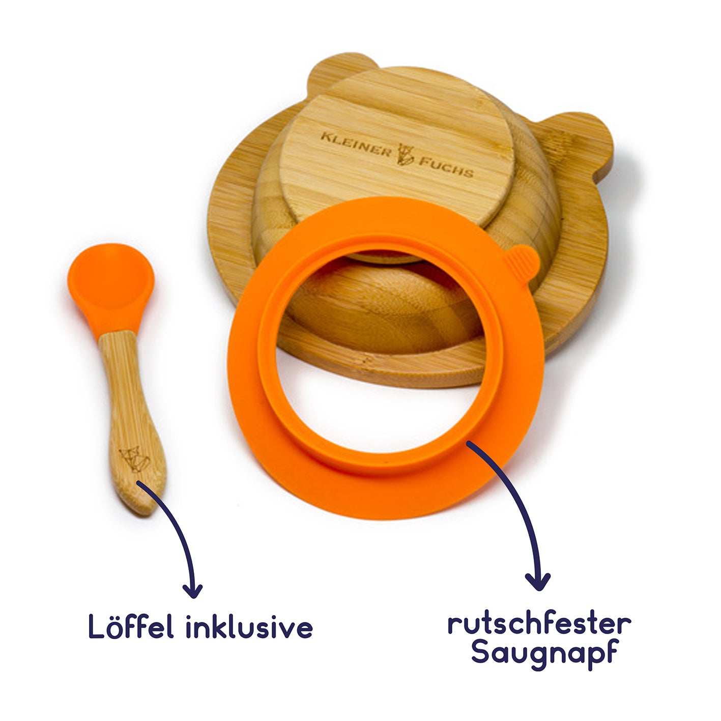 Bambus-Schüssel für Kinder inkl. Löffel - mit Pandamotiv - Orange mit rutschfestem Saugnapf und passendem Löffel.