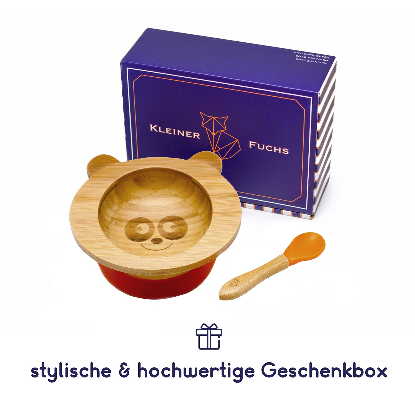 Bambus-Schüssel für Kinder inkl. Löffel - mit Pandamotiv - Orange mit Holzdeckel in Pandaform und orangefarbener Löffel.