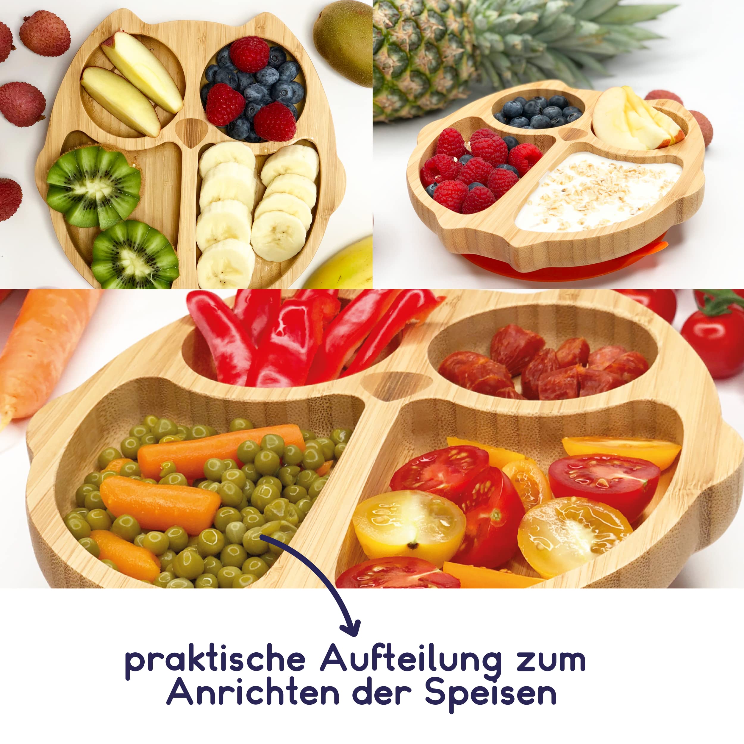Bambus-Teller für Kinder inkl. Löffel - mit Eulenmotiv - Orange