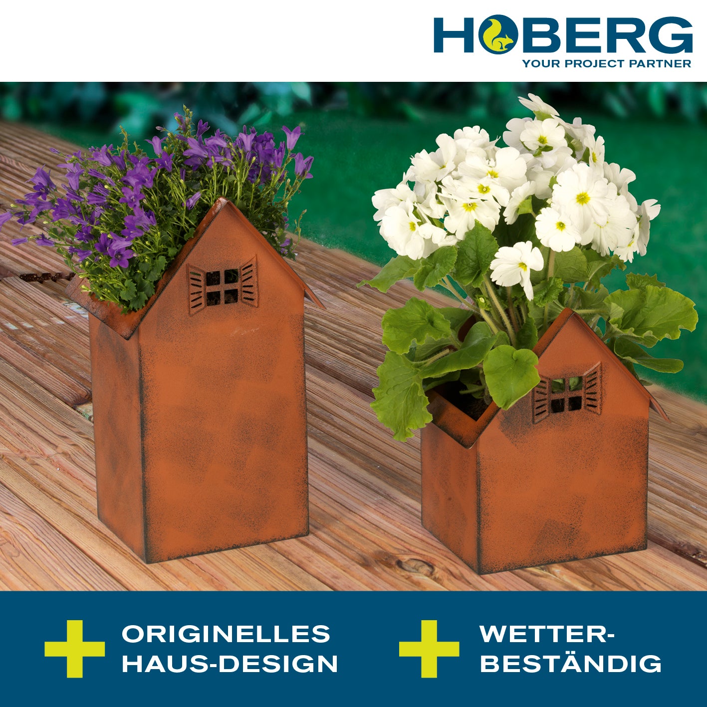 Rost-Pflanztöpfe - 2er-Set als dekorative Blumenkübel im Hausdesign, wetterbeständig und mit Abflussloch für Terrasse und Garten.
