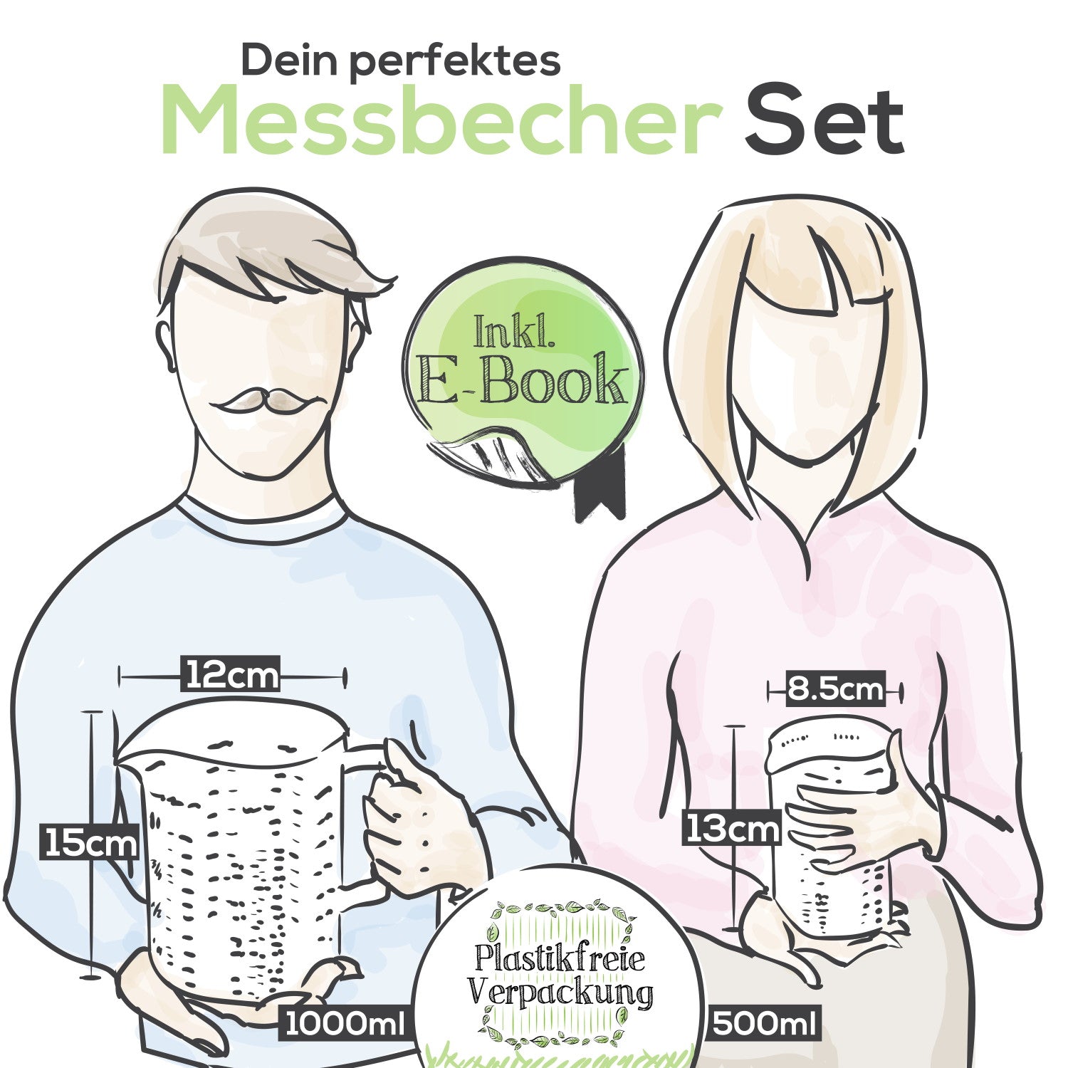 Illustration von zwei Personen mit Messbecher - Glas - 1 L & 500 ml - 2er Set, Größenangaben und Hinweis auf plastikfreie Verpackung und E-Book