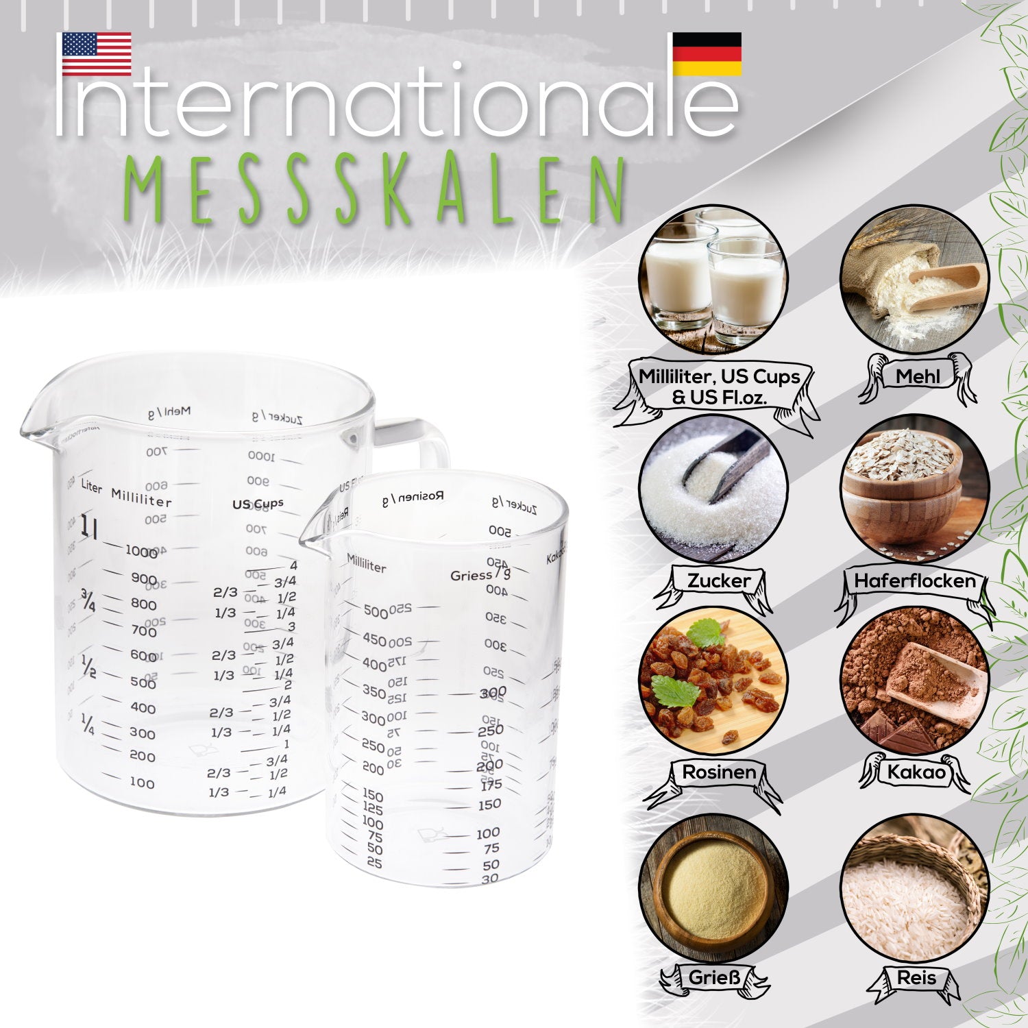 Messbecher - Glas - 1 L & 500 ml - 2er Set mit internationalen Skalen für diverse Zutaten wie Mehl, Zucker, Haferflocken, Rosinen, Kakao, Grieß und Reis.