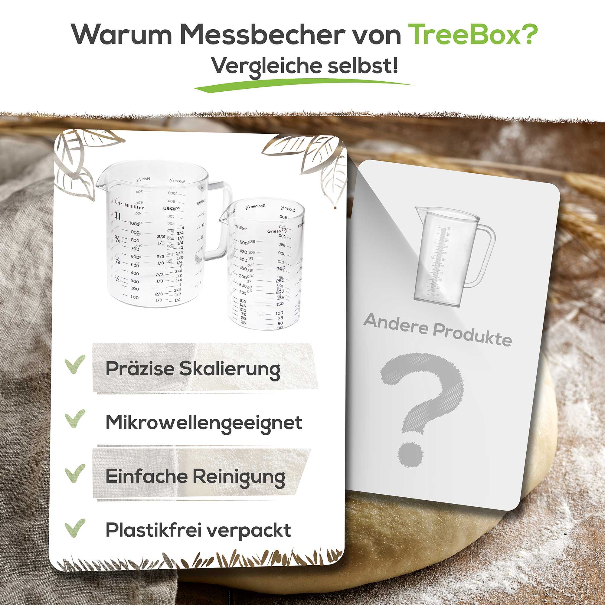 Messbecher - Glas - 1 L & 500 ml - 2er Set mit klarer Skalierung, mikrowellengeeignet, leicht zu reinigen und plastikfrei verpackt.