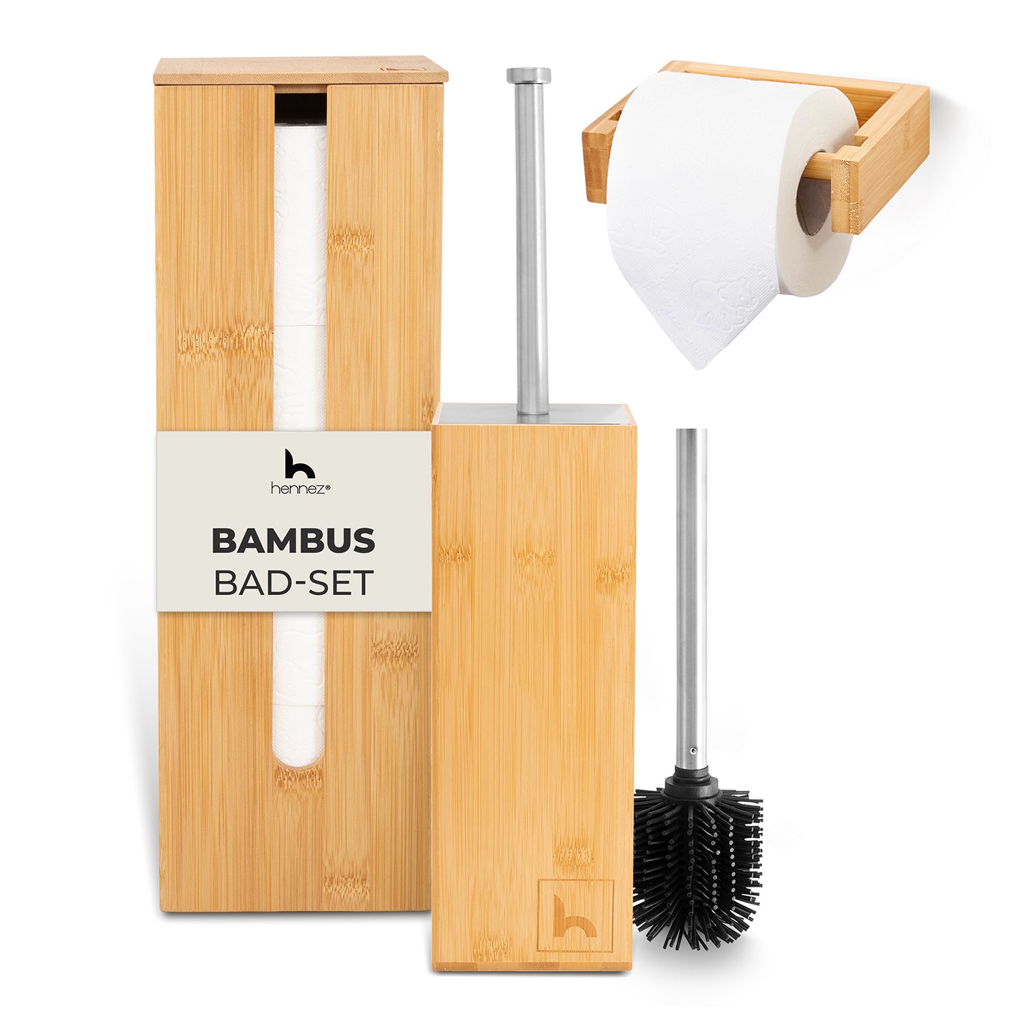 WC-Garnitur - 4-tlg. - Bambus Toilettenpapierhalter, Aufbewahrung und Bürstenhalter aus nachhaltigem Bambus im modernen Design