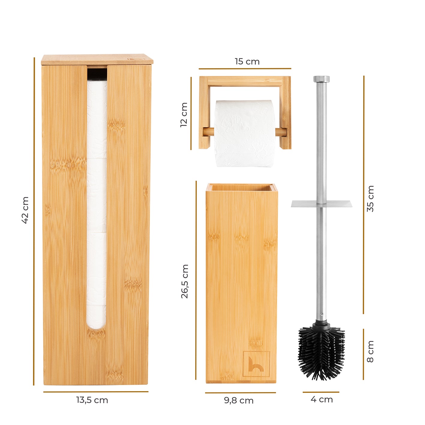 WC-Garnitur - 4-tlg. - Bambus mit Toilettenpapierhalter, Aufbewahrung und Bürstenhalter aus nachhaltigem Bambus, modern und platzsparend.