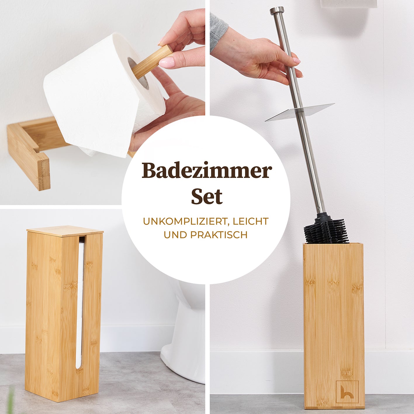 WC-Garnitur - 4-tlg. - Bambus mit Toilettenpapierhalter, Aufbewahrung und Bürstenhalter aus nachhaltigem Bambus für Badezimmer.