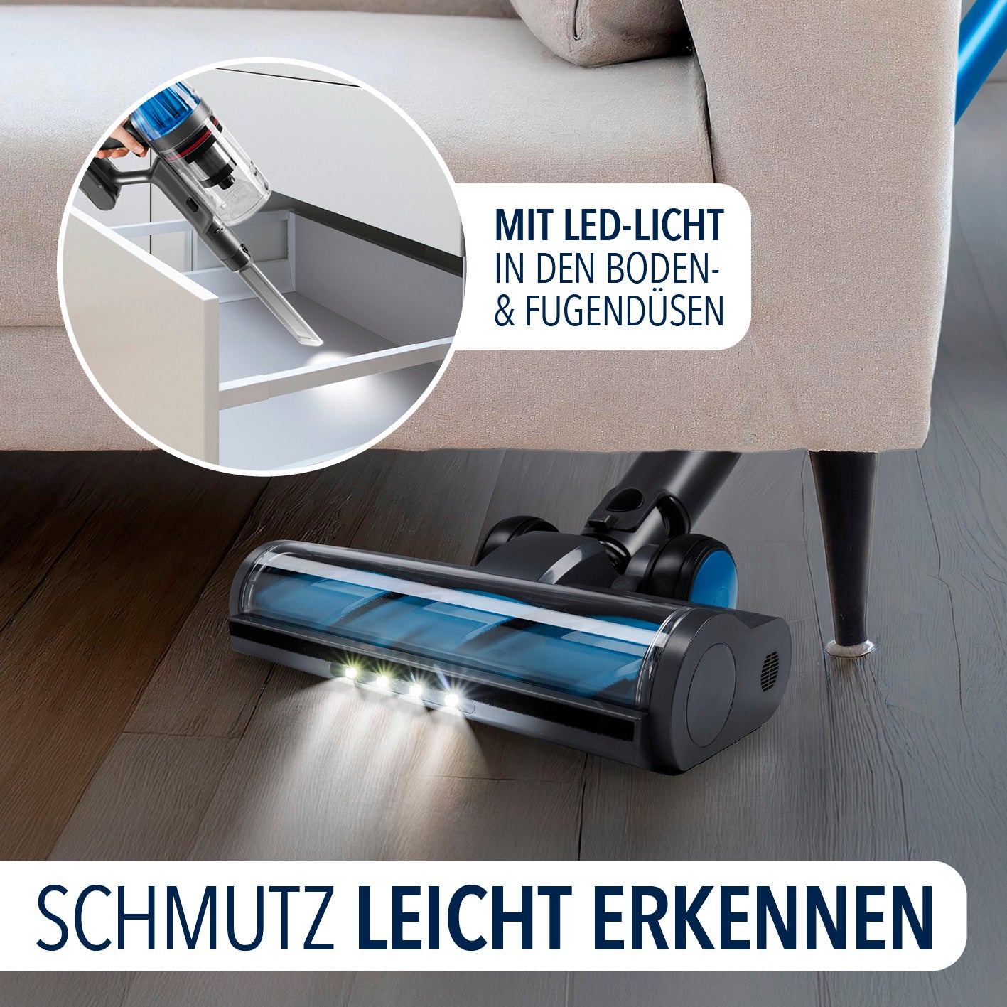 AeroTech 500 Staubsauger mit Absaugstation – Grau-Blau mit LED-Licht in Boden- und Fugendüsen für optimale Sicht bei Reinigung.