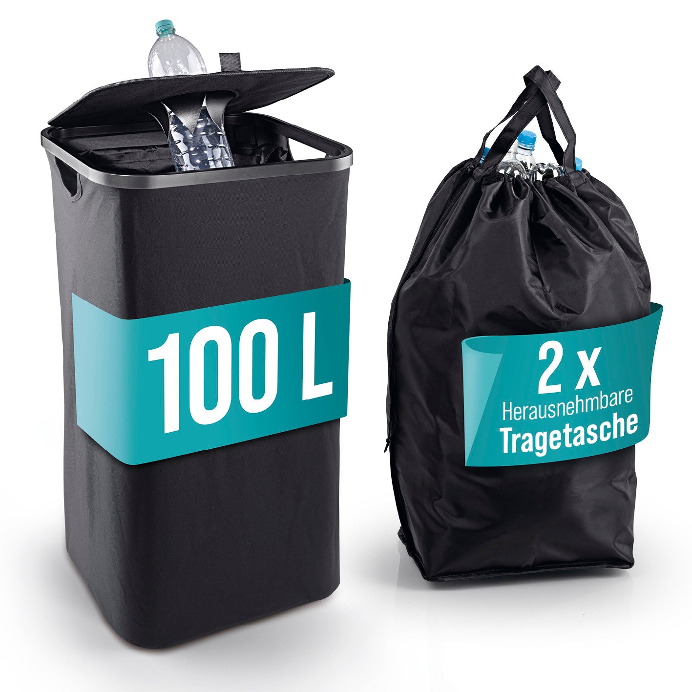 Pfandflaschen-Sammelbehälter - Schwarz, 100 L Fassungsvermögen, mit 2 herausnehmbaren Tragetaschen und wasserabweisendem Material.