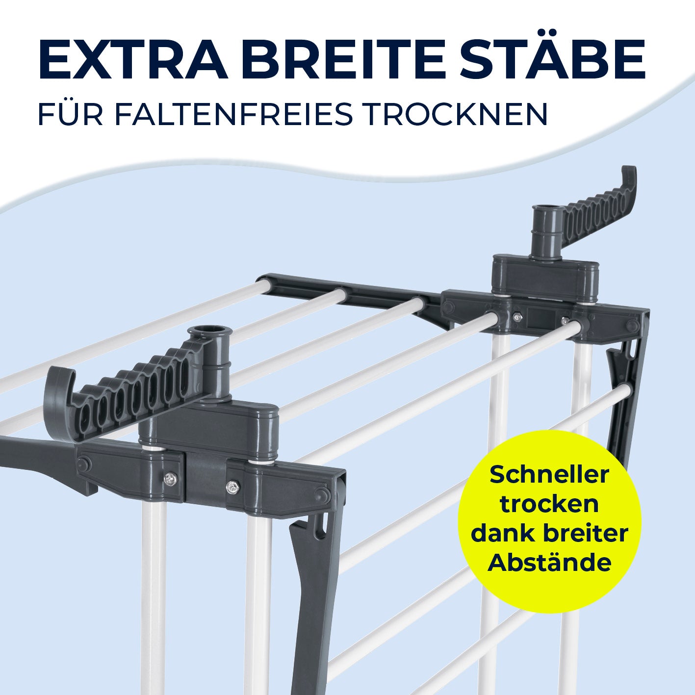 Wäsche-Tower 1600 - Grau mit extra breiten Stäben für faltenfreies und schnelles Wäschetrocknen durch breite Abstände.