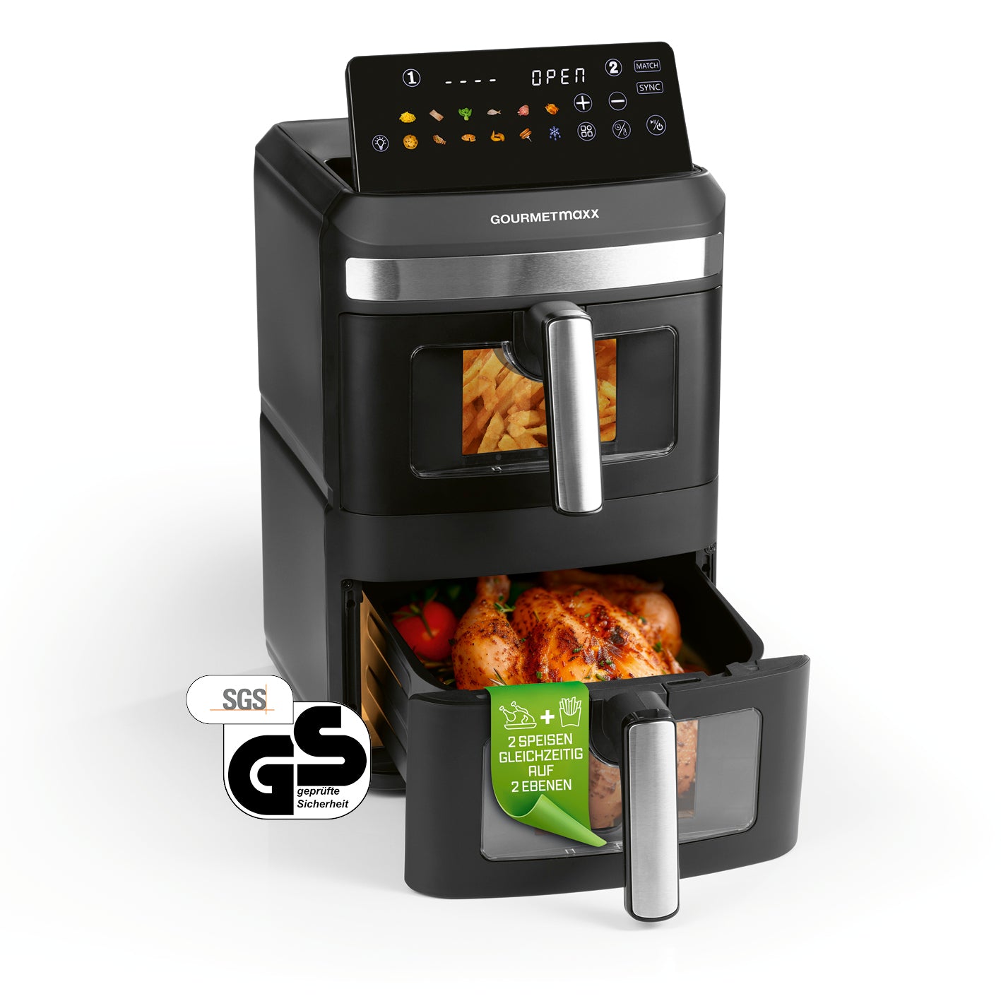 FryUp XL Vertikale Doppelkammer-Heißluftfritteuse mit Sichtfenster - 12 L mit zwei Kammern und LED-Touchdisplay zeigt Hähnchen und Pommes.