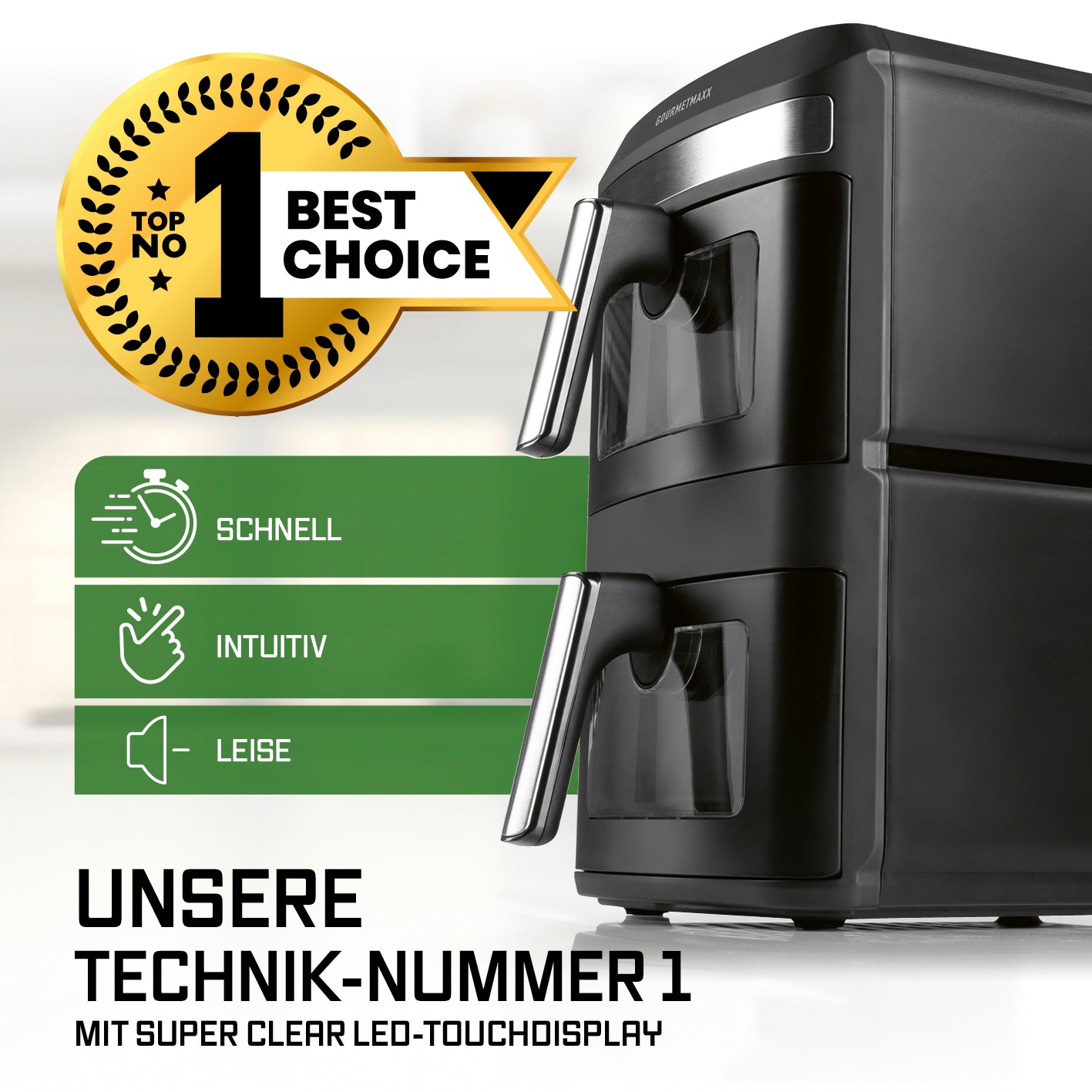 FryUp XL Vertikale Doppelkammer-Heißluftfritteuse mit Sichtfenster - 12 L, schnell, intuitiv und leise mit LED-Touchdisplay.