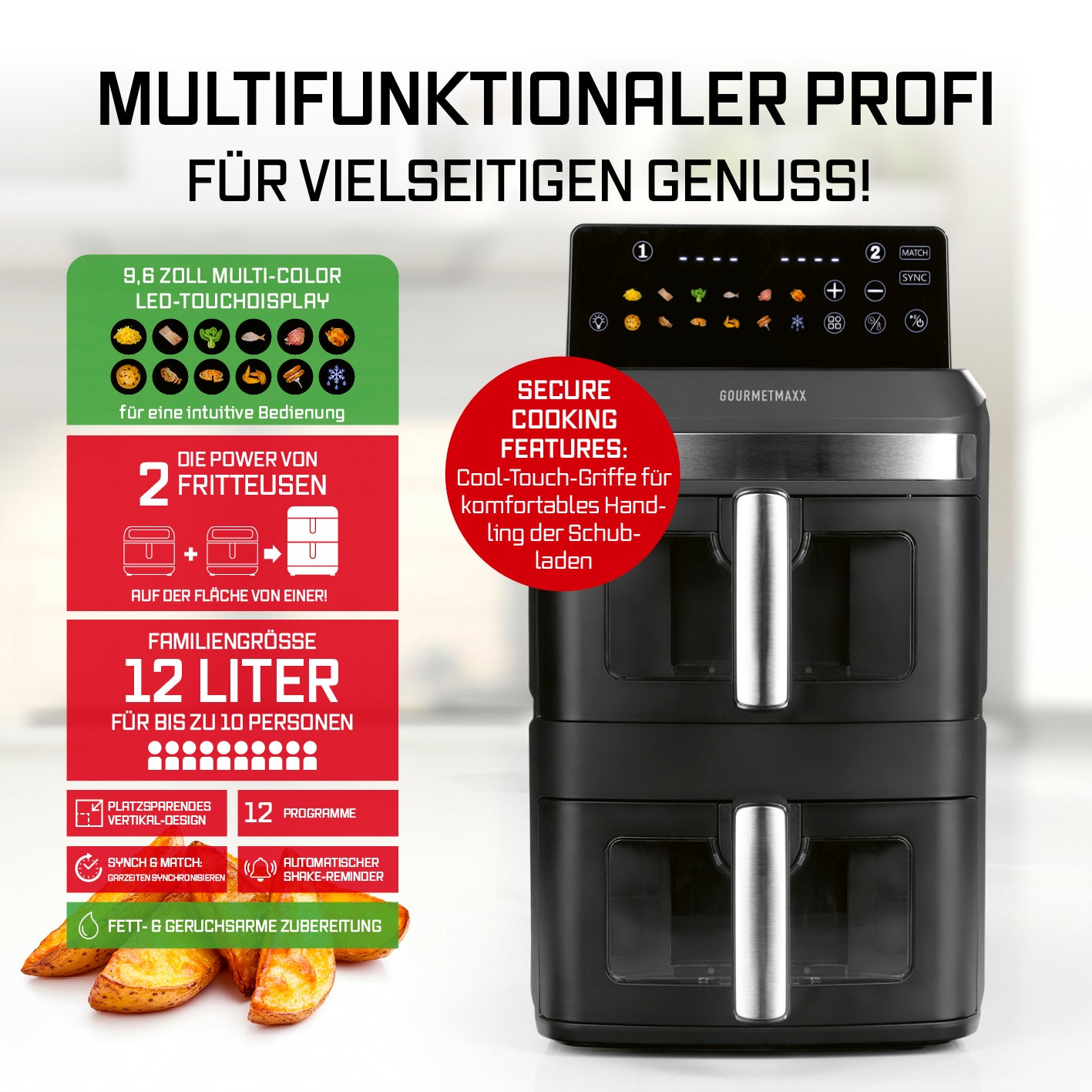 FryUp XL Vertikale Doppelkammer-Heißluftfritteuse mit Sichtfenster - 12 L, 2 Kammern, LED-Touchdisplay, 12 Programme, 12 Liter Fassungsvermögen.