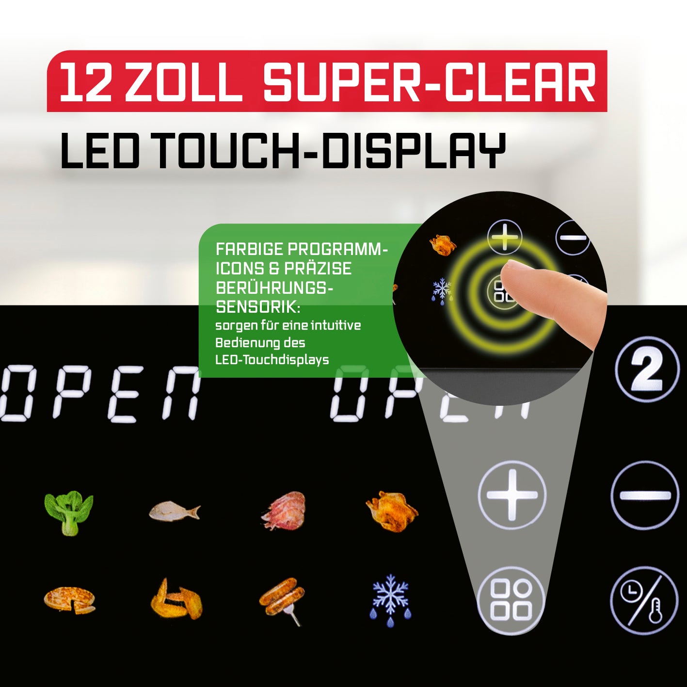 FryUp XL Vertikale Doppelkammer-Heißluftfritteuse mit Sichtfenster - 12 L mit 12 Zoll LED-Touchdisplay für präzise Bedienung und bunte Programm-Icons.