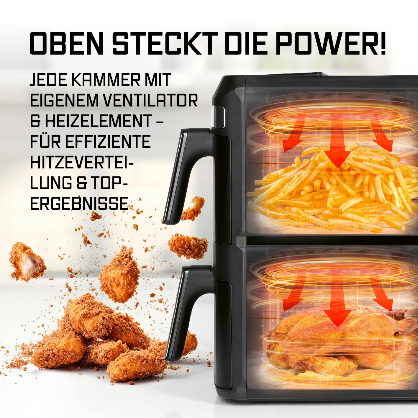 FryUp XL Vertikale Doppelkammer-Heißluftfritteuse mit Sichtfenster - 12 L zeigt effiziente Hitzeverteilung in zwei Kammern.