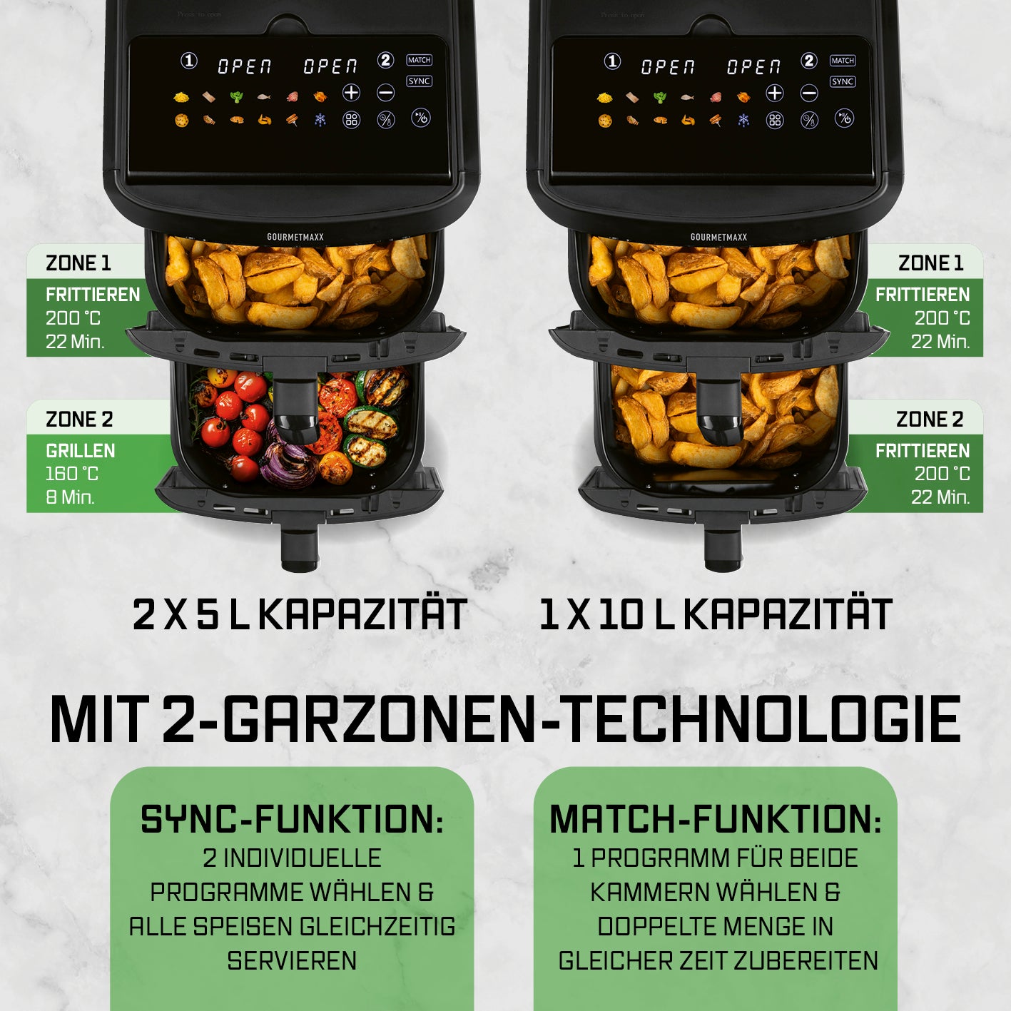 FryUp XL Vertikale Doppelkammer-Heißluftfritteuse mit Sichtfenster - 12 L zeigt Funktionen und Kapazität der 2-Garzonen-Technologie.