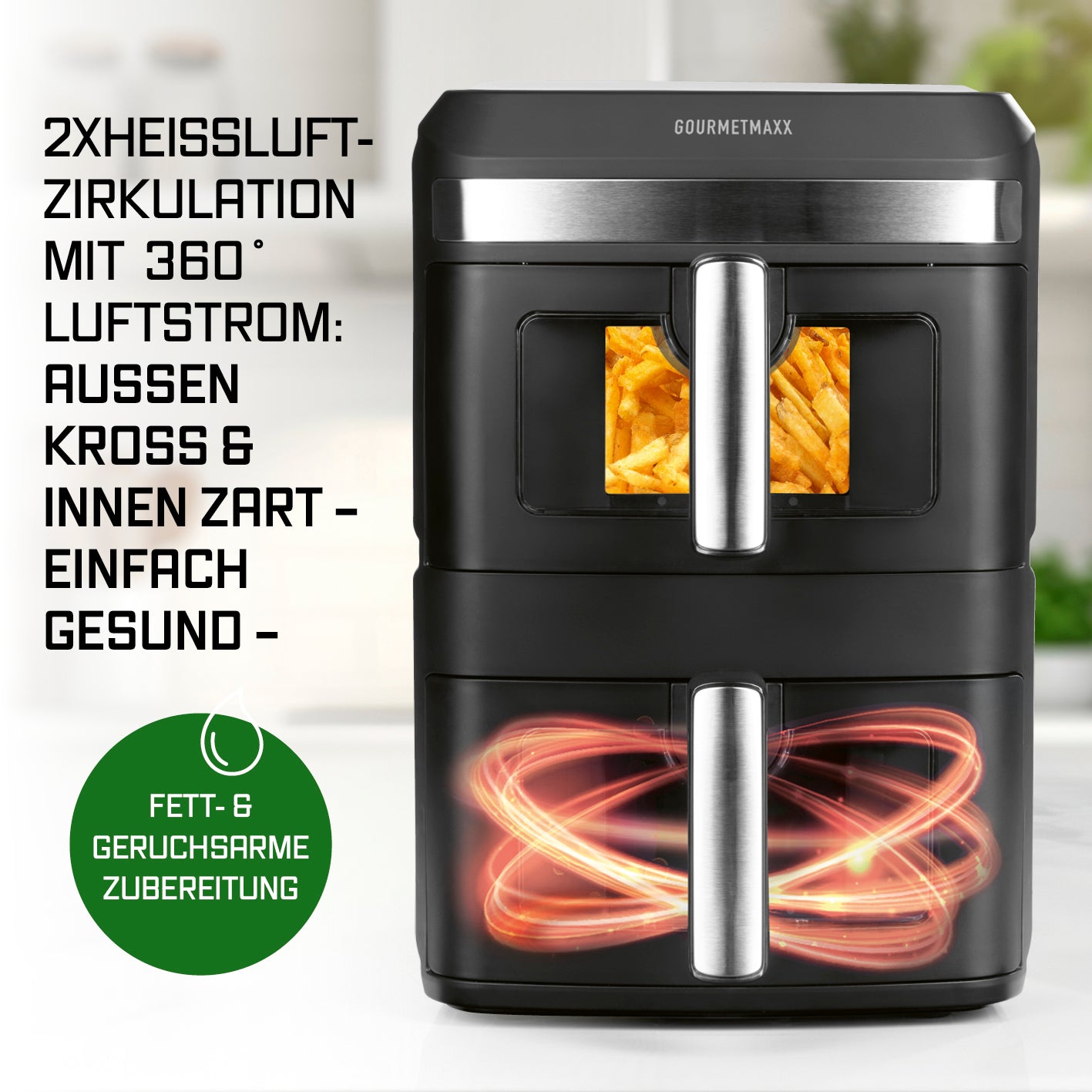 FryUp XL Vertikale Doppelkammer-Heißluftfritteuse mit Sichtfenster - 12 L zeigt frittierte Speisen mit 2 Kammern und gesunder Heißluftzirkulation.