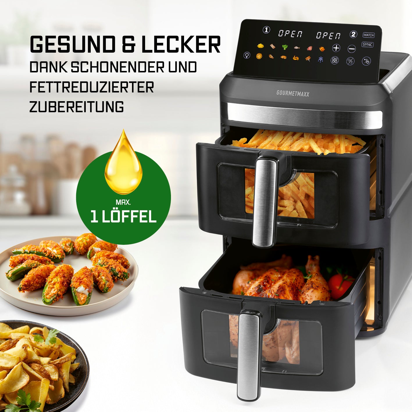 FryUp XL Vertikale Doppelkammer-Heißluftfritteuse mit Sichtfenster 12 L zeigt zwei offene Kammern mit knusprigen Speisen.