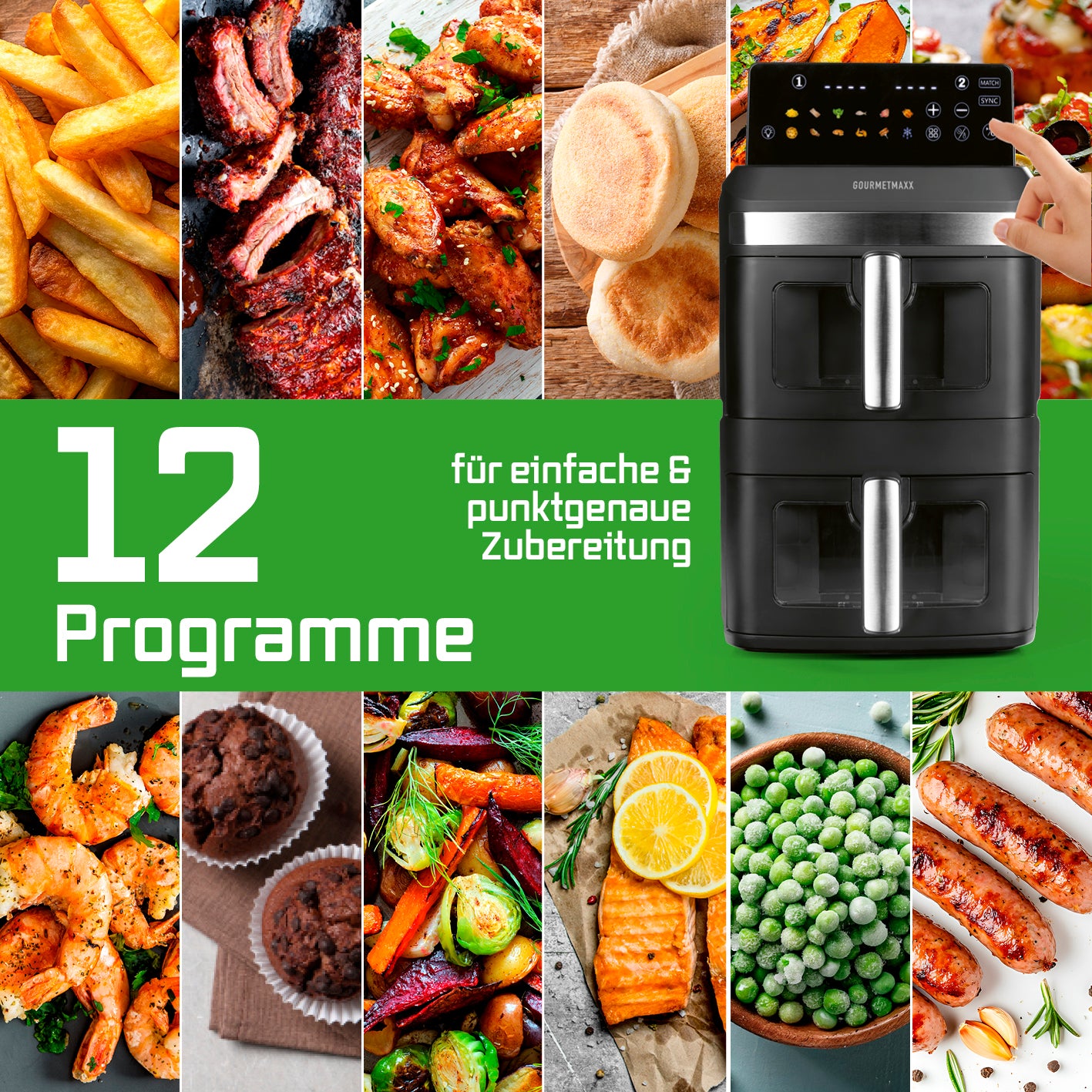FryUp XL Vertikale Doppelkammer-Heißluftfritteuse mit Sichtfenster - 12 L mit 12 Programmen für vielfältige Gerichte