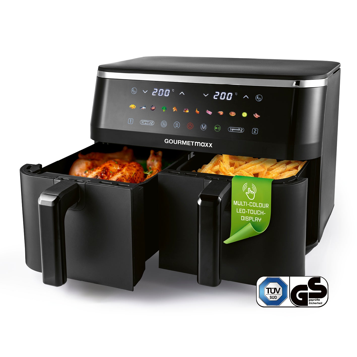 Doppelkammer-Heißluftfritteuse - 9 Liter (2 x 4,5 l) mit LED-Touchdisplay und zwei Frittierfächern für abwechslungsreiches Kochen.