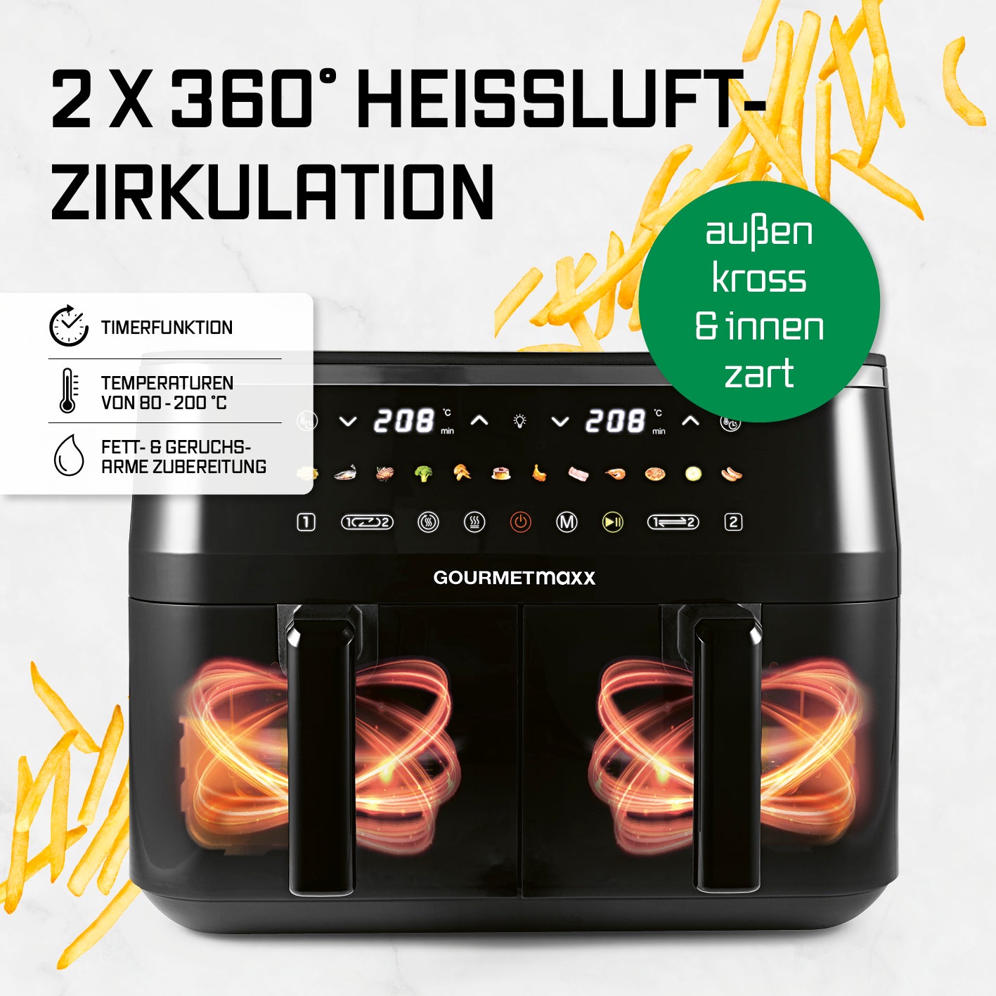 Doppelkammer-Heißluftfritteuse mit Sichtfenstern - 9 Liter (2 x 4,5 l) mit 2x 360° Heißluftzirkulation und digitalem Touchdisplay