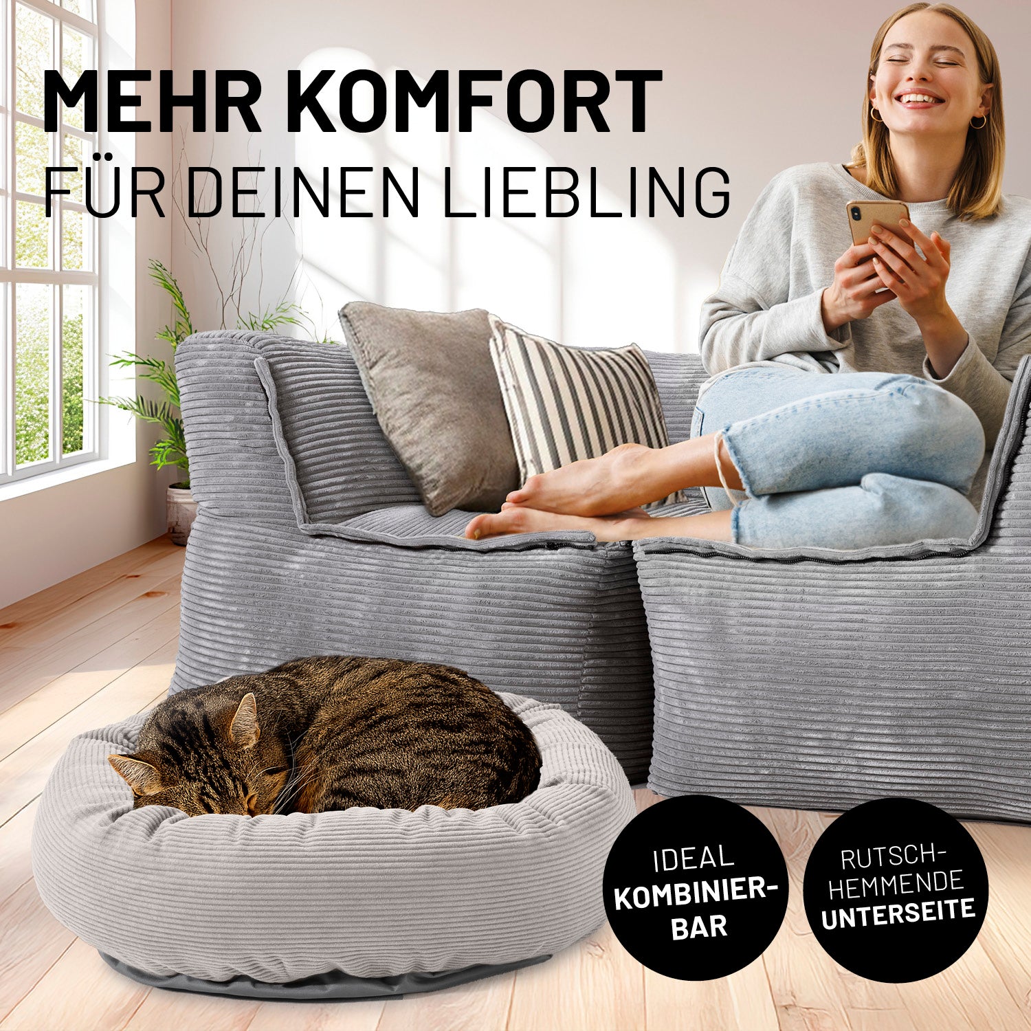 Komfort-Katzenbett aus der LUMALAND Cord-Reihe - Ø 60 cm - Beige mit weichem Cordbezug und rutschhemmender Unterseite im Wohnambiente