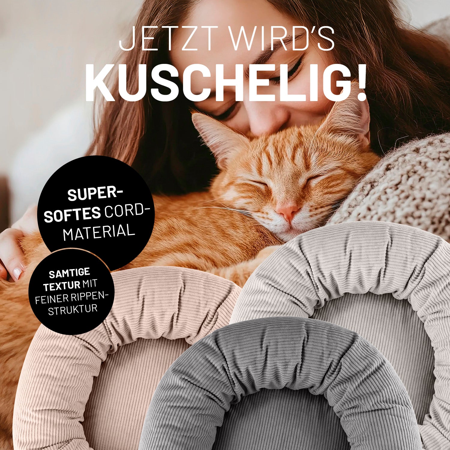 Komfort-Katzenbett aus der LUMALAND Cord-Reihe - Ø 60 cm - Beige mit weichem Cordstoff und hohem Rand für gemütlichen Rückzugsort