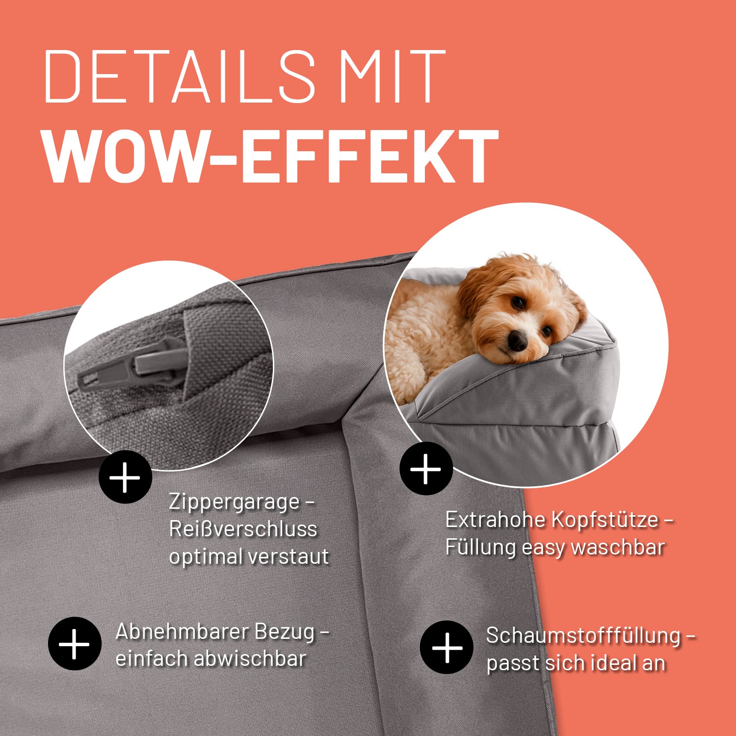 Komfort-Hundebett aus der LUMALAND Outdoor-Kollektion Gr. S 70x60 cm Grau mit abnehmbarem Bezug und extrahoher Kopfstütze, waschbar und robust.