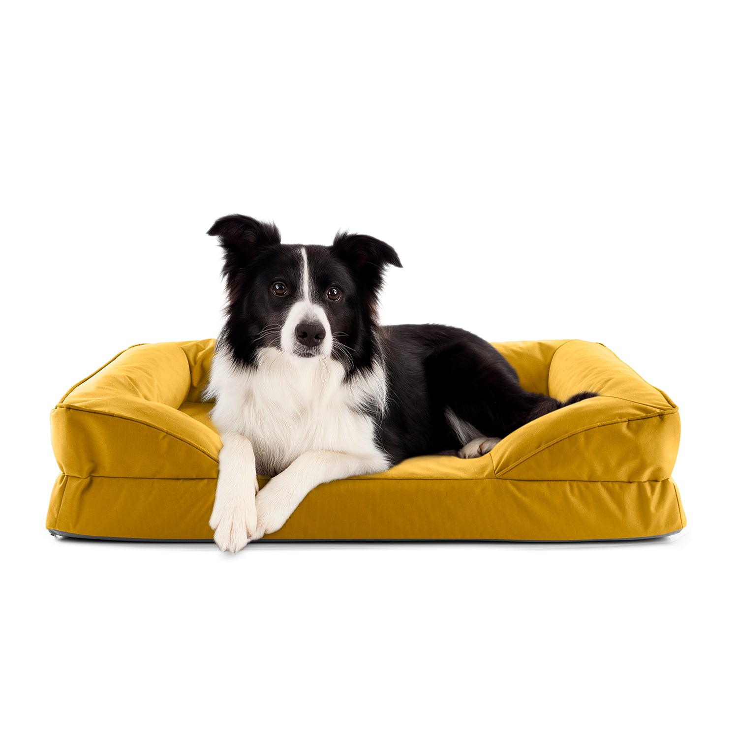 Komfort-Hundebett aus der LUMALAND Outdoor-Kollektion - Gr. M - 90 x 65 cm - Senfgelb mit hohem Rand und wasserfestem Bezug.