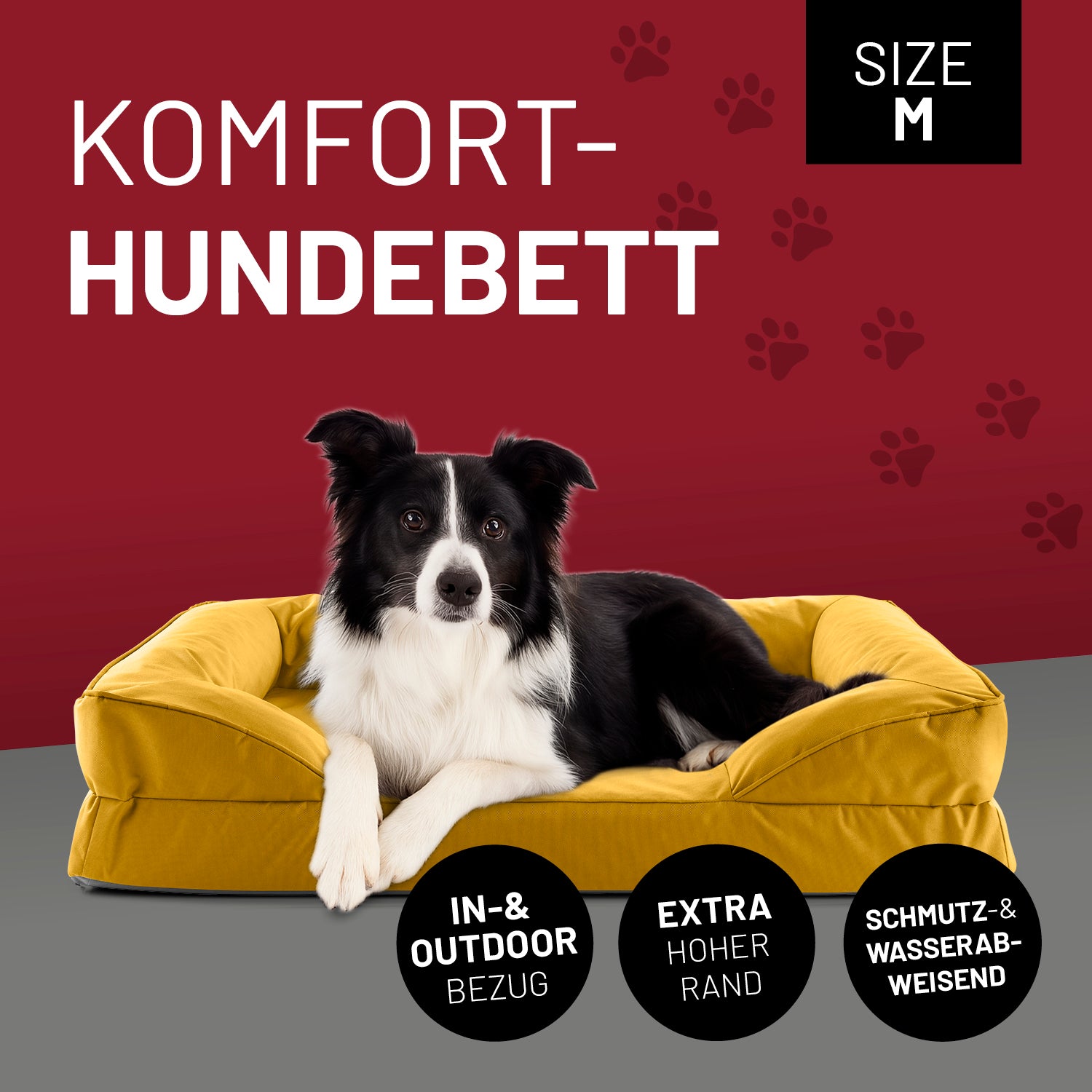 Komfort-Hundebett aus der LUMALAND Outdoor-Kollektion - Gr. M - 90 x 65 cm - Senfgelb mit extra hohem Rand und wasserabweisendem Bezug