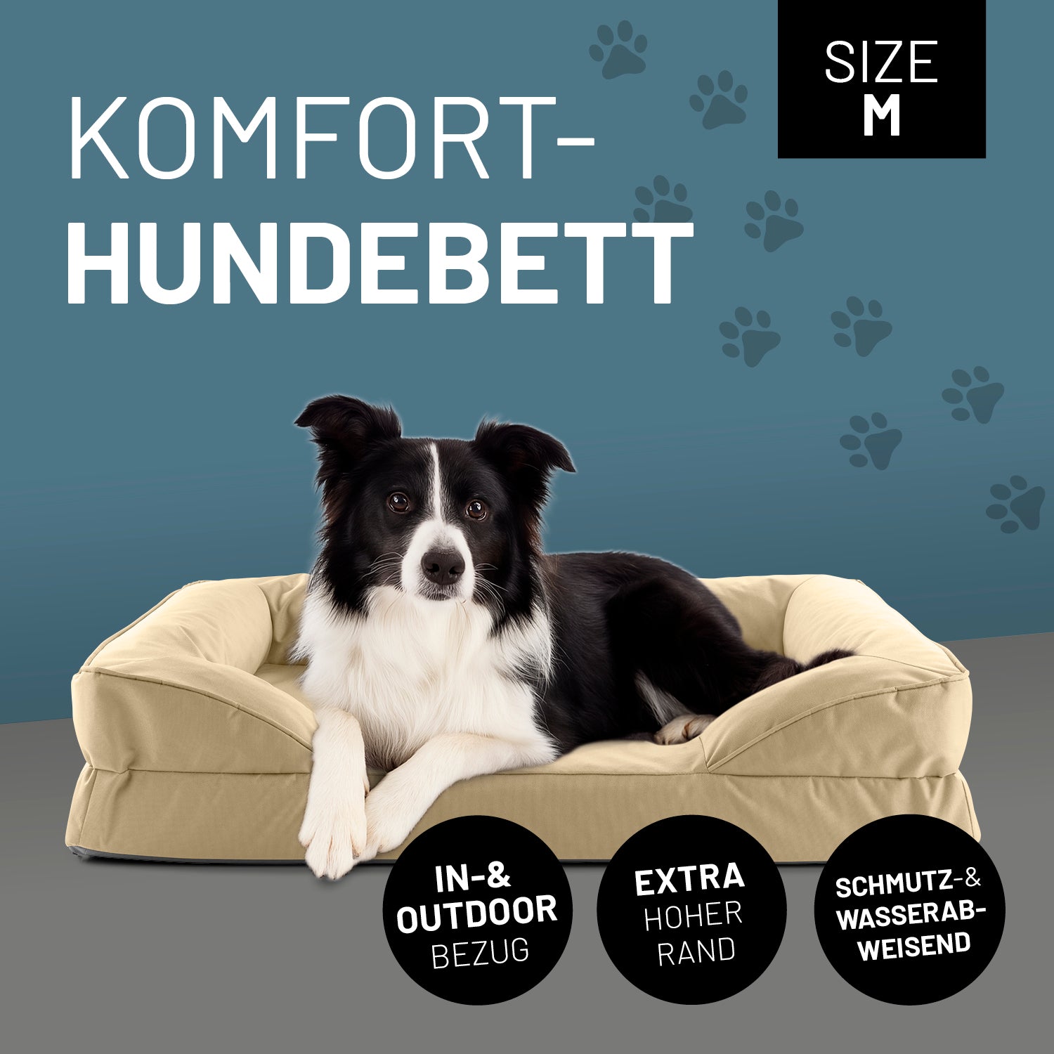 Komfort-Hundebett aus der LUMALAND Outdoor-Kollektion Gr. M beige mit extra hohem Rand und wasserabweisendem Bezug für drinnen und draußen.