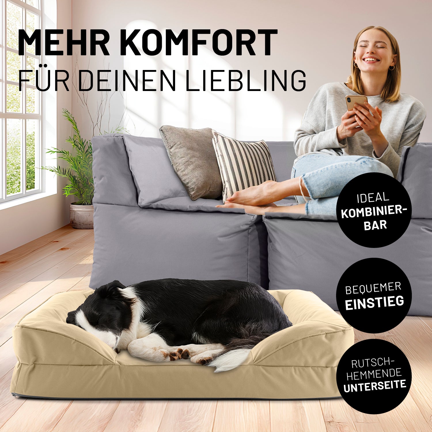 Komfort-Hundebett aus der LUMALAND Outdoor-Kollektion - Gr. M - 90 x 65 cm - Beige mit hohem Rand und rutschhemmender Unterseite.
