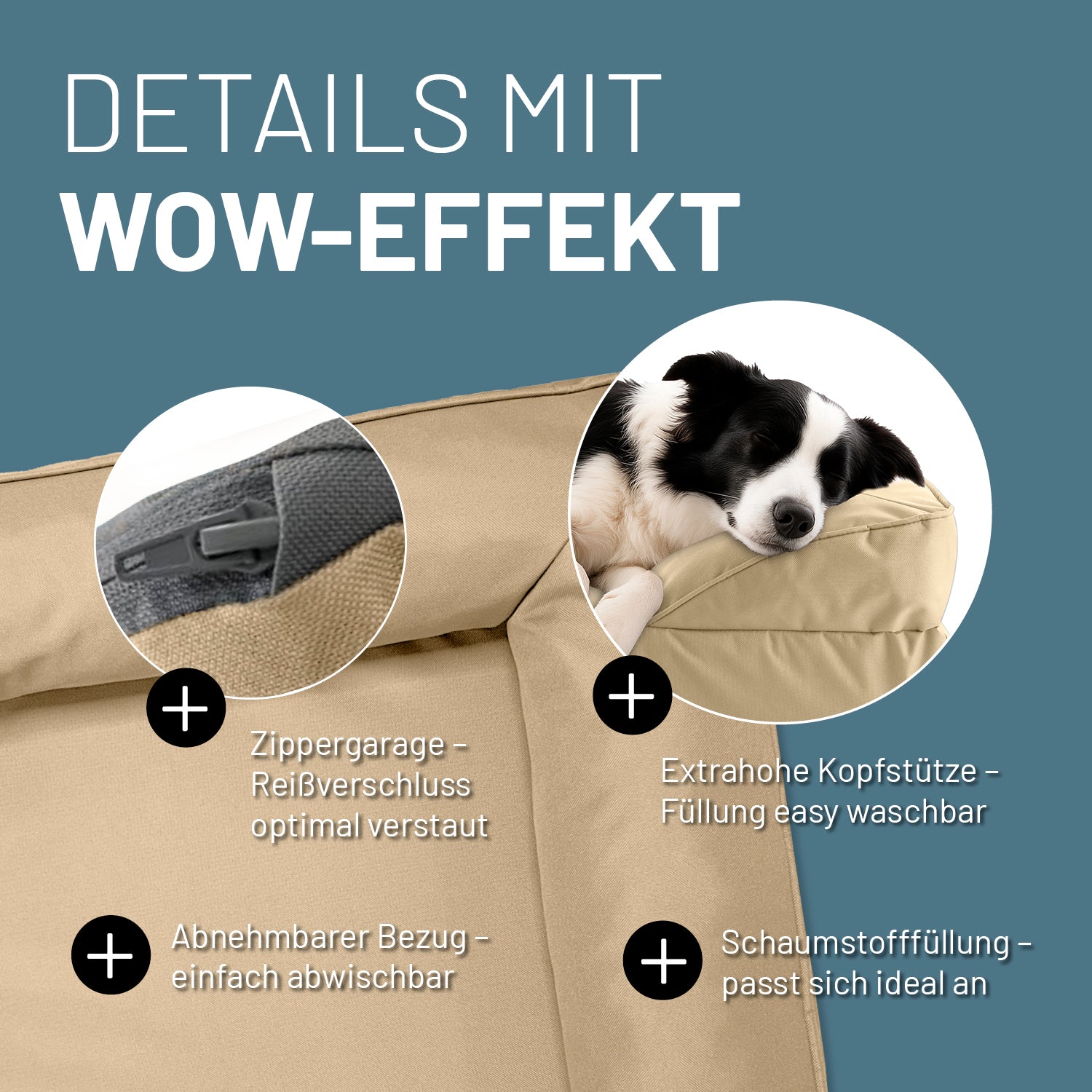 Komfort-Hundebett aus der LUMALAND Outdoor-Kollektion - Gr. M - 90 x 65 cm - Beige mit abnehmbarem Bezug und extrahoher Kopfstütze