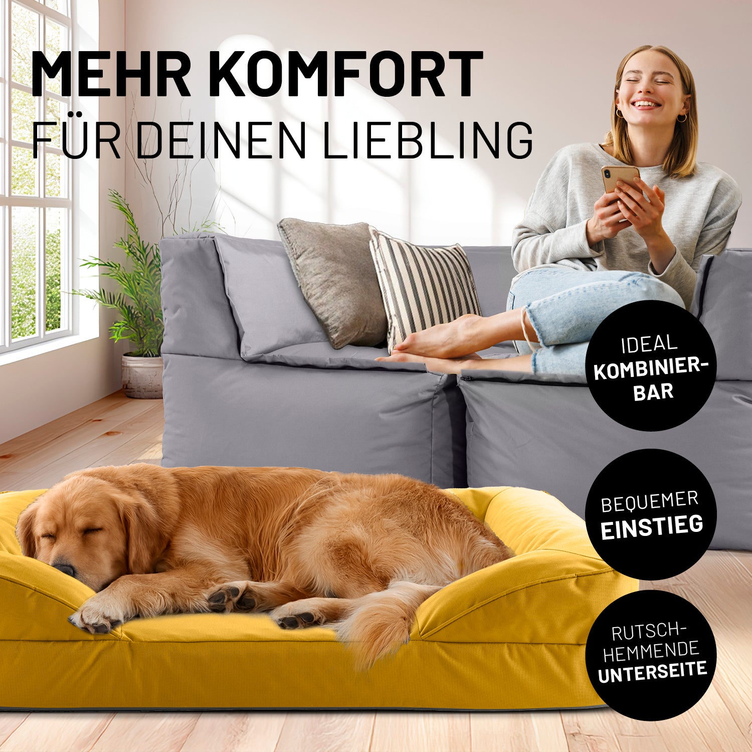 Komfort-Hundebett aus der LUMALAND Outdoor-Kollektion - Gr. L - 110 x 75 cm - Senfgelb mit extra hohem Rand und rutschhemmender Unterseite