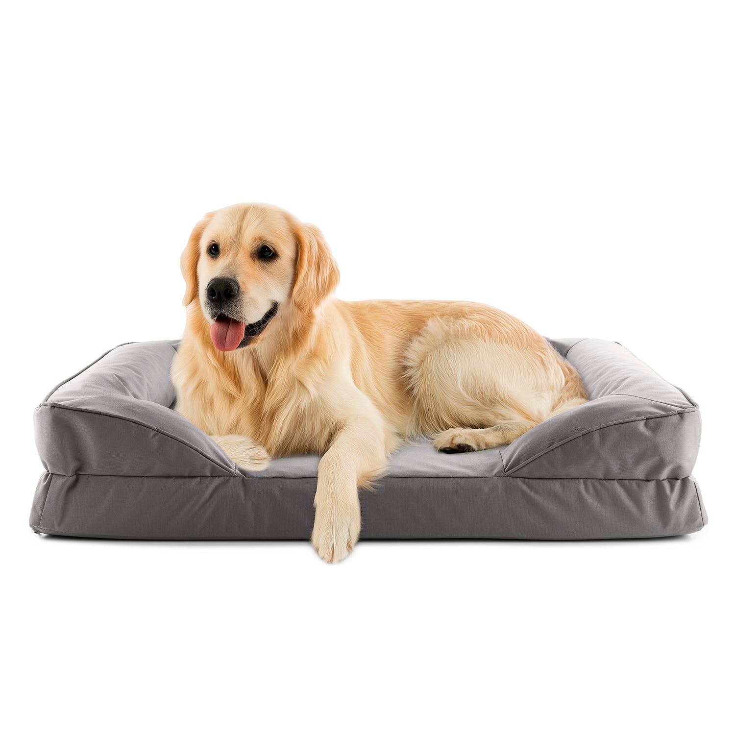 Komfort-Hundebett aus der LUMALAND Outdoor-Kollektion - Gr. L - 110 x 75 cm - Grau mit goldenem Hund liegend auf dem Bett