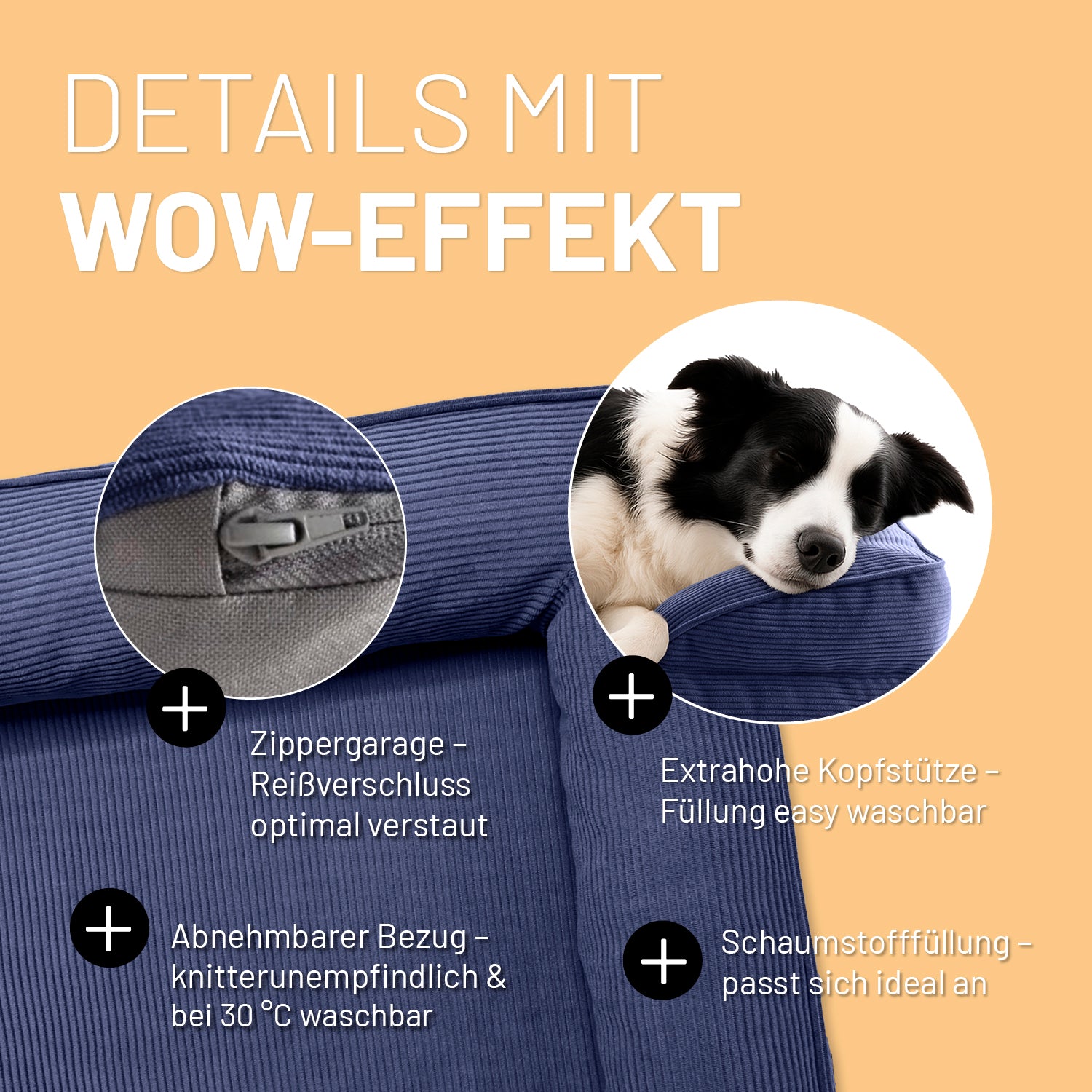 Komfort-Hundebett aus der LUMALAND Cord-Reihe - Gr. M - 90 x 65 cm - Grau mit abnehmbarem Bezug und extrahoher Kopfstütze für Komfort.