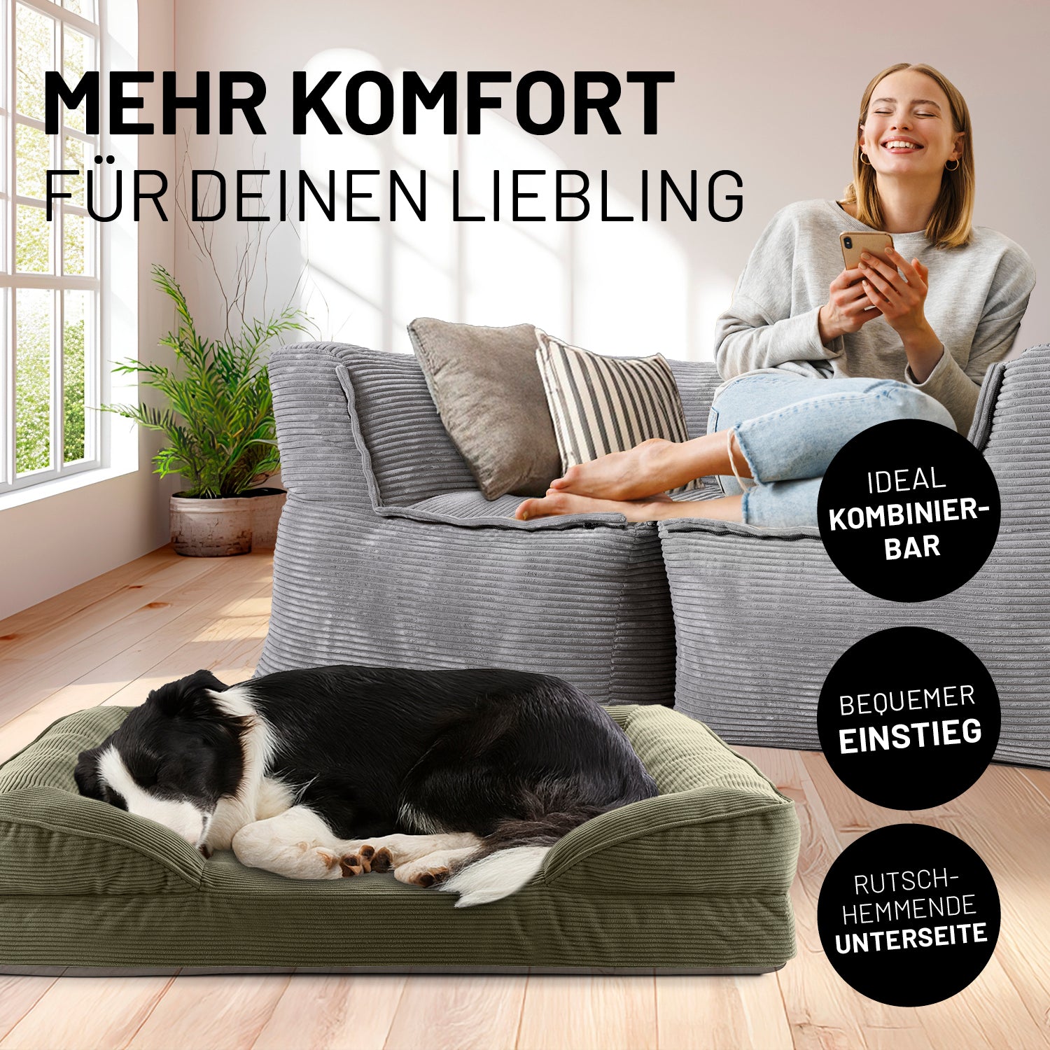 Komfort-Hundebett aus der LUMALAND Cord-Reihe - Gr. M - 90 x 65 cm - Grau mit rutschhemmender Unterseite und bequemen Einstieg.