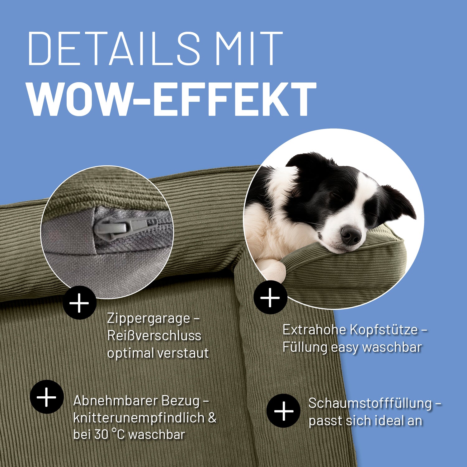Komfort-Hundebett aus der LUMALAND Cord-Reihe - Gr. M - 90 x 65 cm - Grau mit Reißverschluss, extrahohem Rand und waschbarem Bezug.