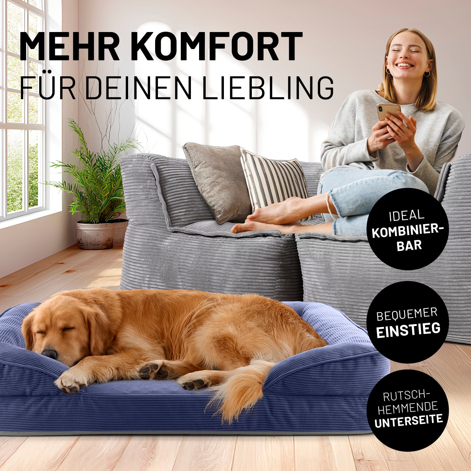 Komfort-Hundebett aus der LUMALAND Cord-Reihe - Gr. L - 110 x 75 cm - Grau mit weichem Cord-Bezug und rutschhemmender Unterseite.