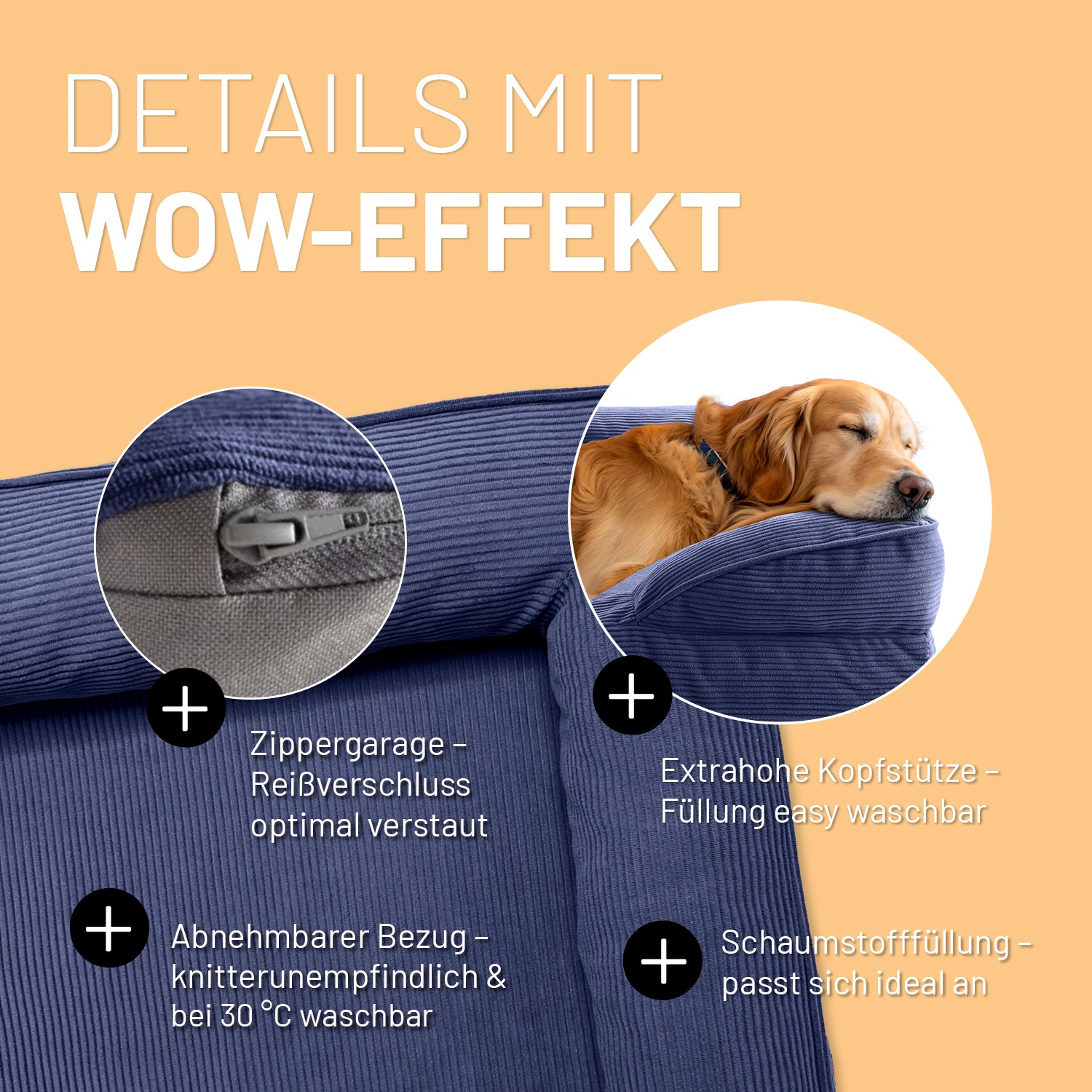 Komfort-Hundebett aus der LUMALAND Cord-Reihe - Gr. L - 110 x 75 cm - Grau mit hohem Rand, Reißverschluss und waschbarem Cord-Bezug.