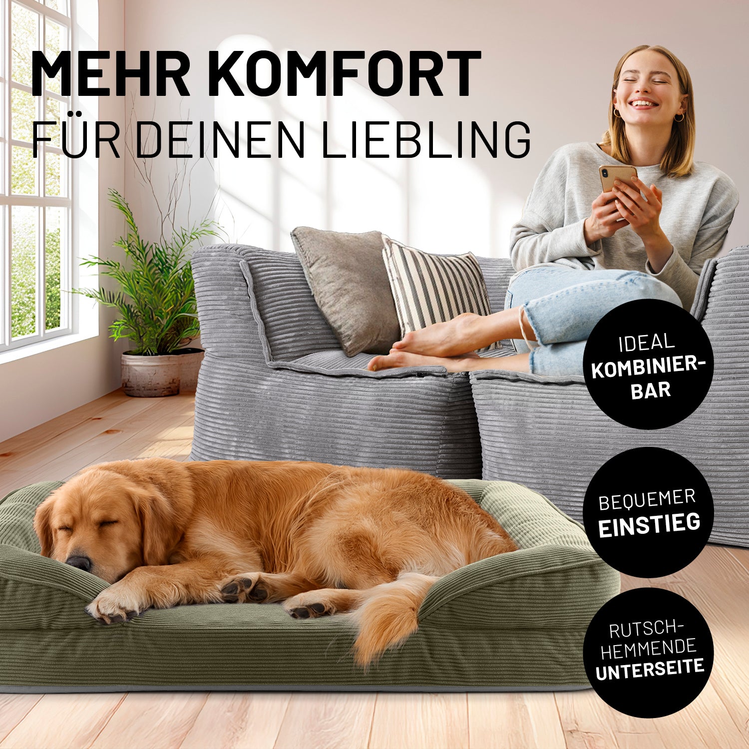 Komfort-Hundebett aus der LUMALAND Cord-Reihe - Gr. L - 110 x 75 cm - Grau mit rutschhemmender Unterseite und bequemem Einstieg, stilvoll und robust.