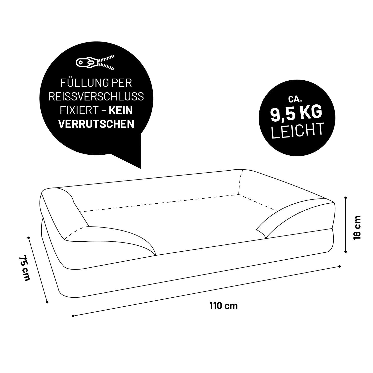 Komfort-Hundebett aus der LUMALAND Cord-Reihe - Gr. L - 110 x 75 cm - Grau mit fixierter Füllung und rutschfestem Boden, ca. 9,5 kg leicht.