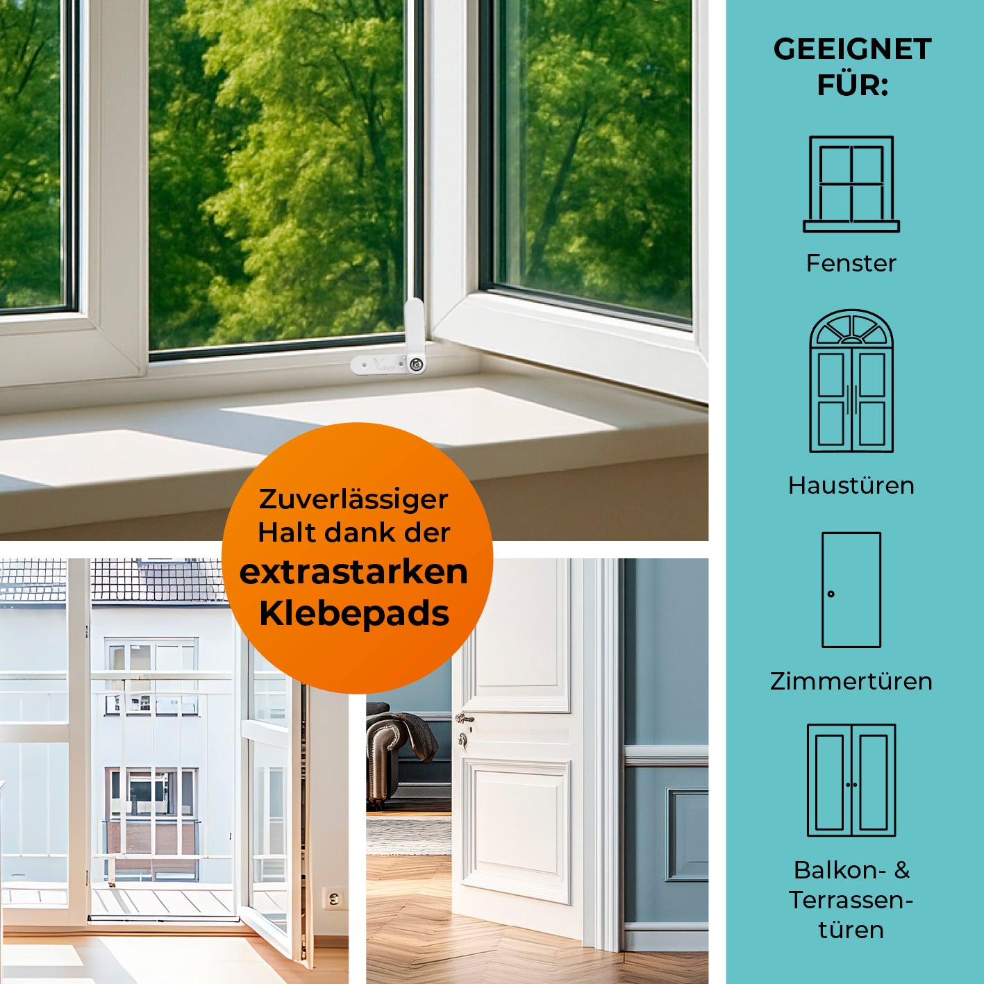 Tür- & Fensterstopper - 2er-Set zum Verhindern des Zuschlagens, einfach montierbar mit Klebestreifen, für Fenster, Türen und Balkontüren geeignet