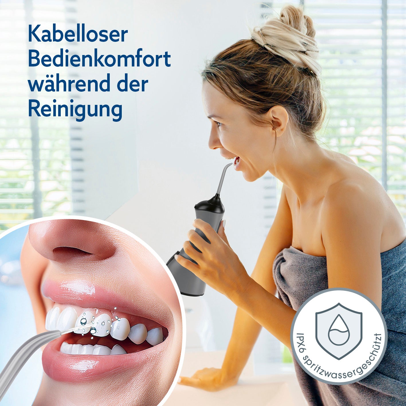 Munddusche mit 8 Multifunktionsaufsätzen kabellos für komfortable Zahnzwischenraumreinigung und Spritzwasserschutz IPX6