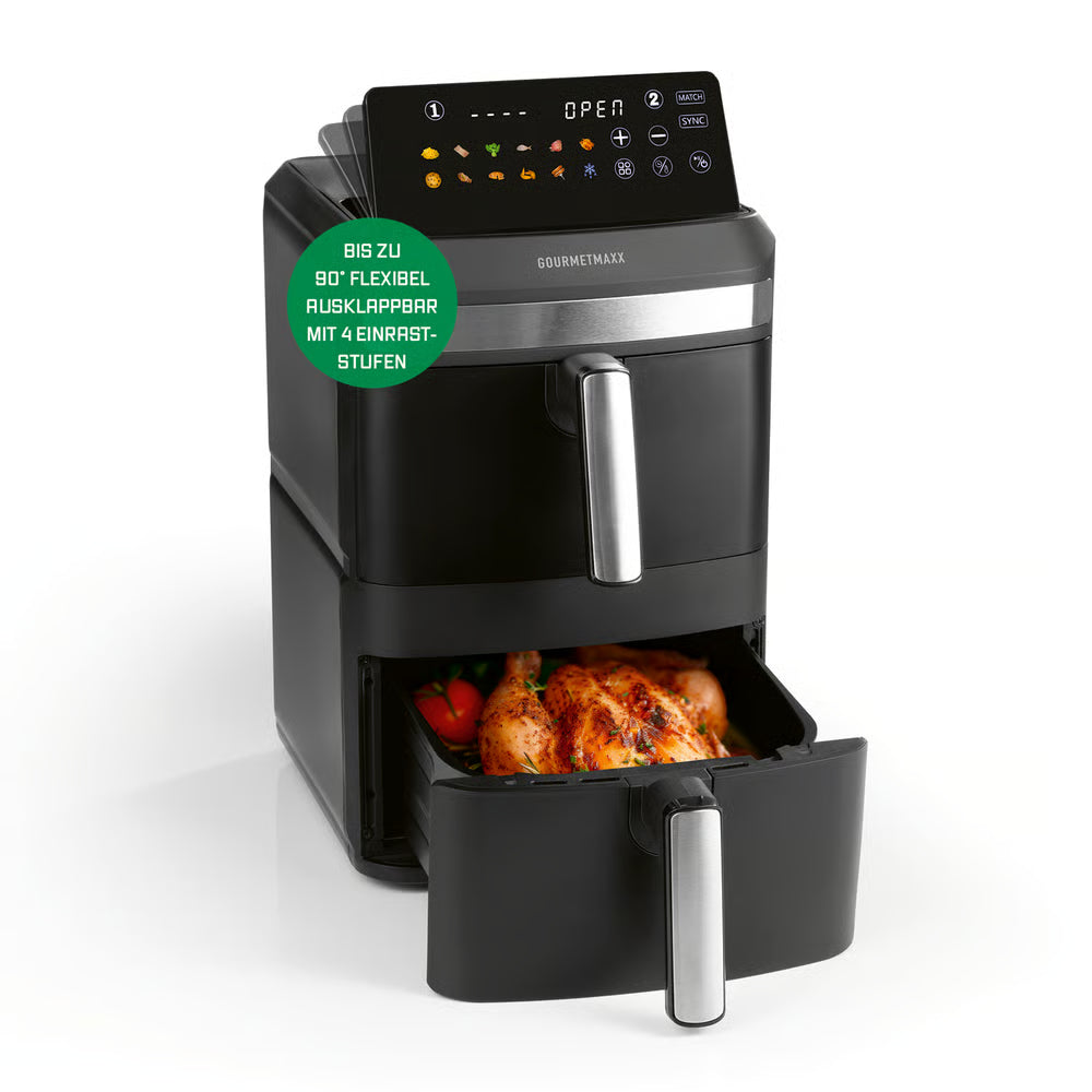 FryUp XL Vertikale Doppelkammer-Heißluftfritteuse mit 12 Liter Volumen und flexiblen, ausklappbaren LED-Touchdisplay bis 90°