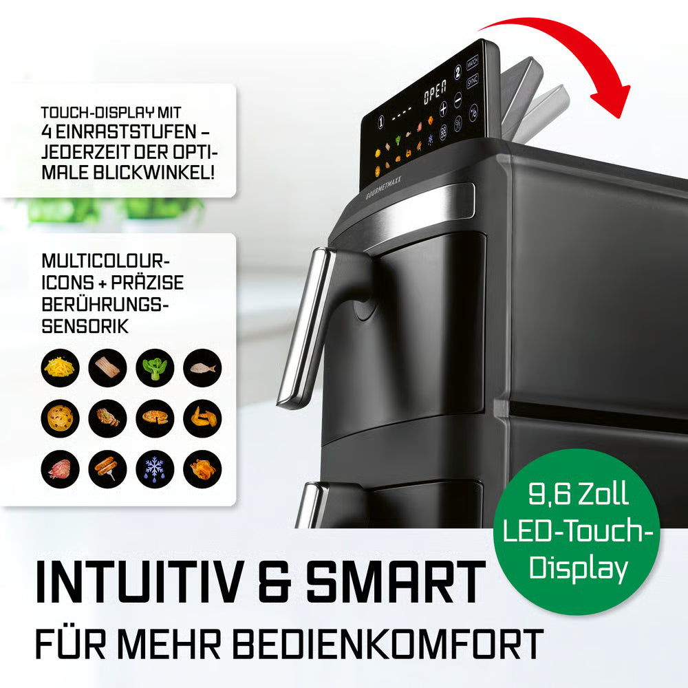 FryUp XL Vertikale Doppelkammer-Heißluftfritteuse mit 9,6 Zoll ausklappbarem LED-Touchdisplay für einfache Bedienung und perfekte Sicht.