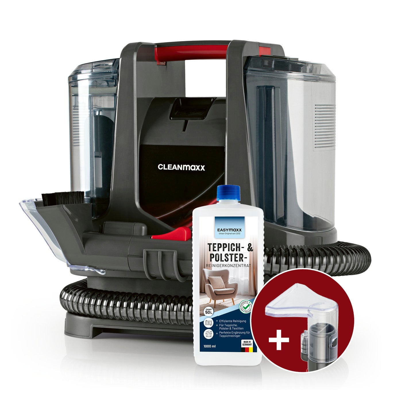 Polster- & Teppichreiniger Kompakt Plus - inkl. 1 l Teppich- & Polsterreiniger-Konzentrat mit Reinigungsgerät und Zubehöraufsatz auf weißem Hintergrund.
